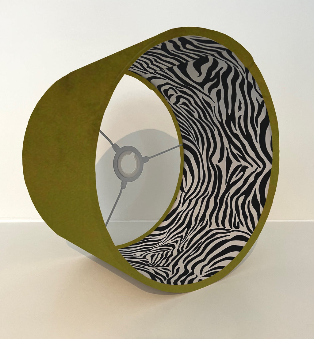 Olive green velvet drum lampshade/ ceiling light shade with zebra print cotton interior