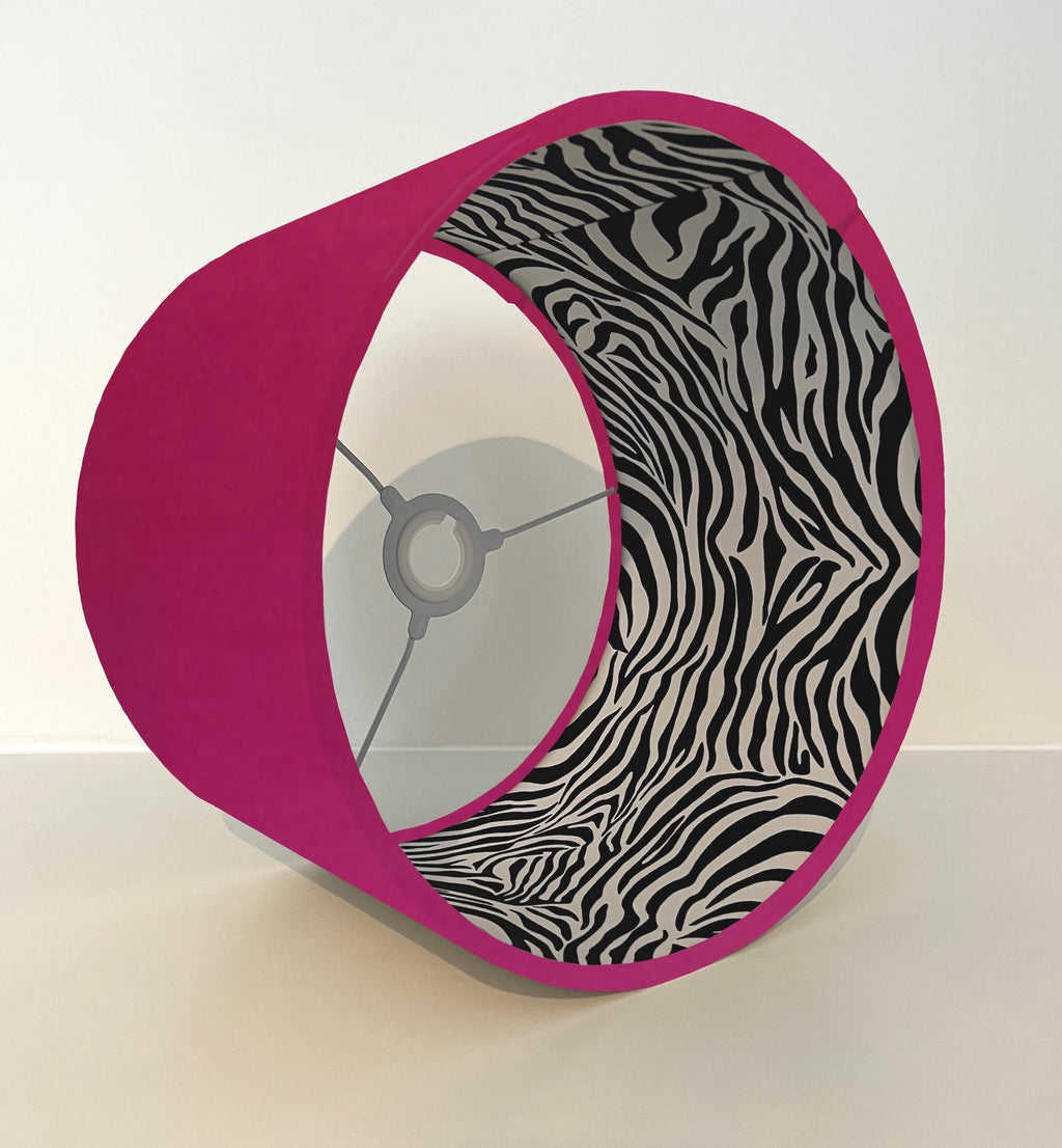 Hot pink velvet drum lampshade/ ceiling light shade with zebra print cotton interior