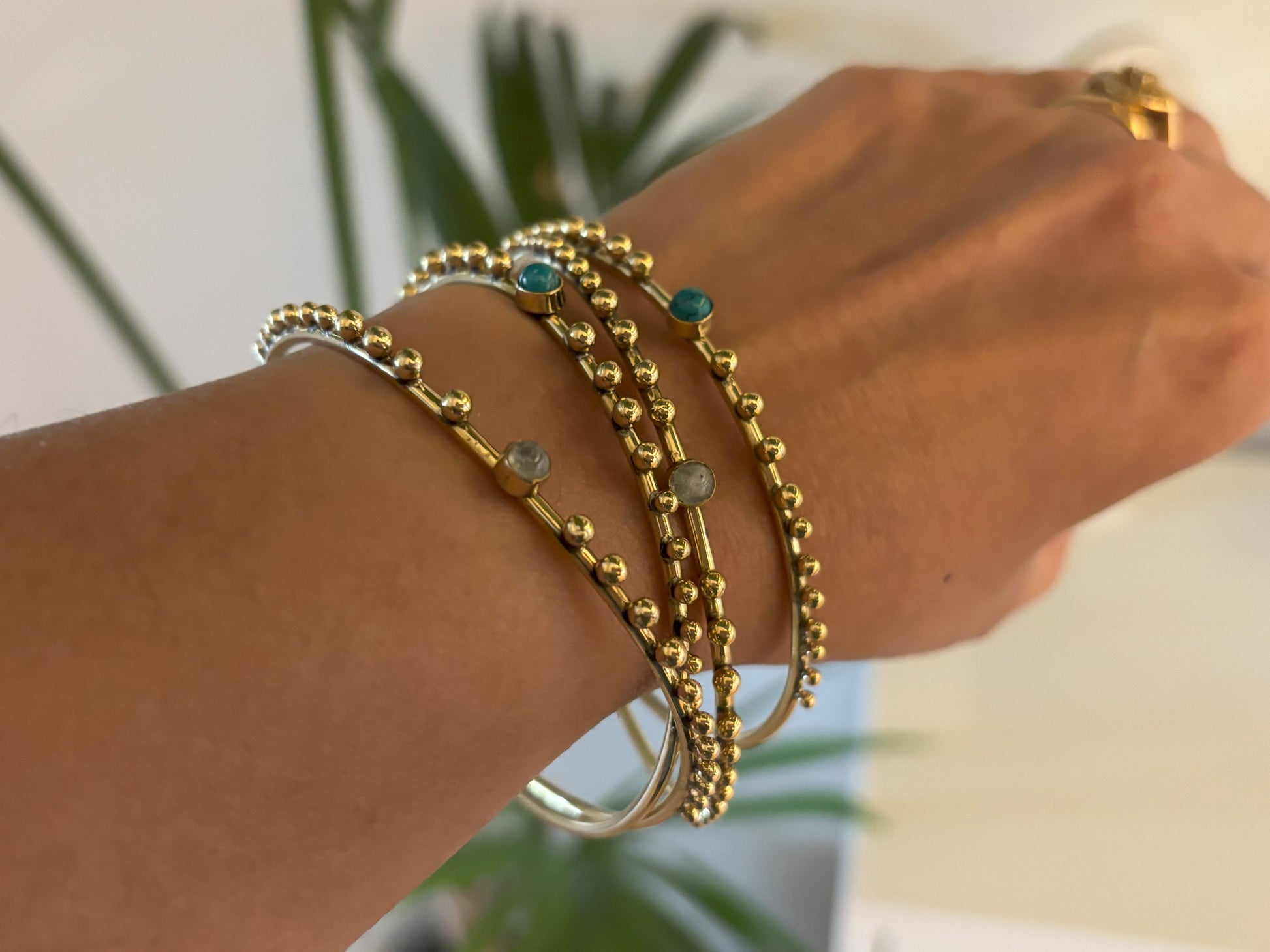 Turquoise and Moonstone Beaded Brass Bangles
