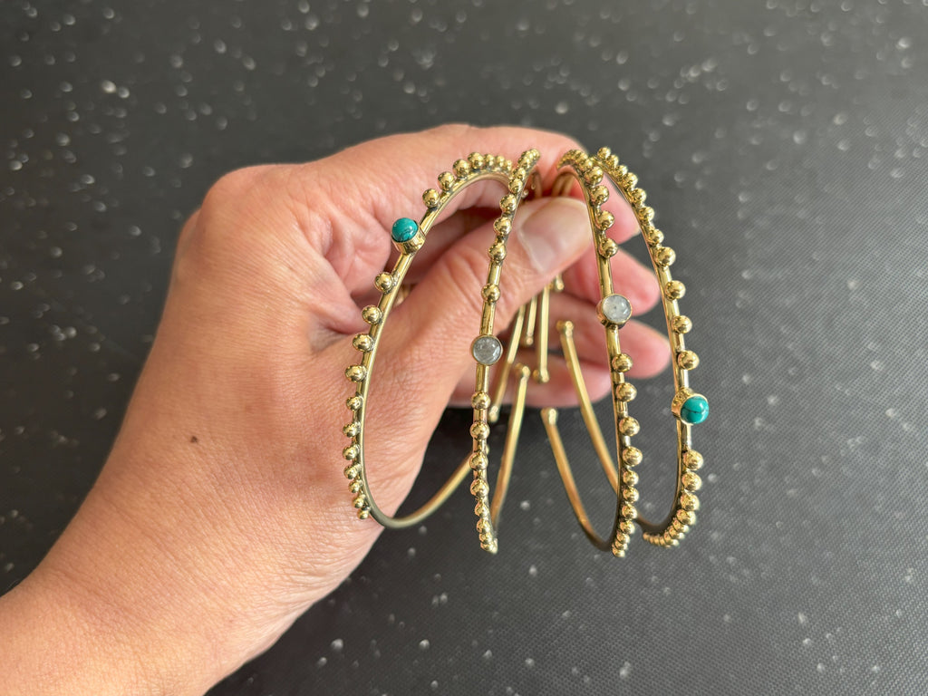 Turquoise and Moonstone Beaded Brass Bangles