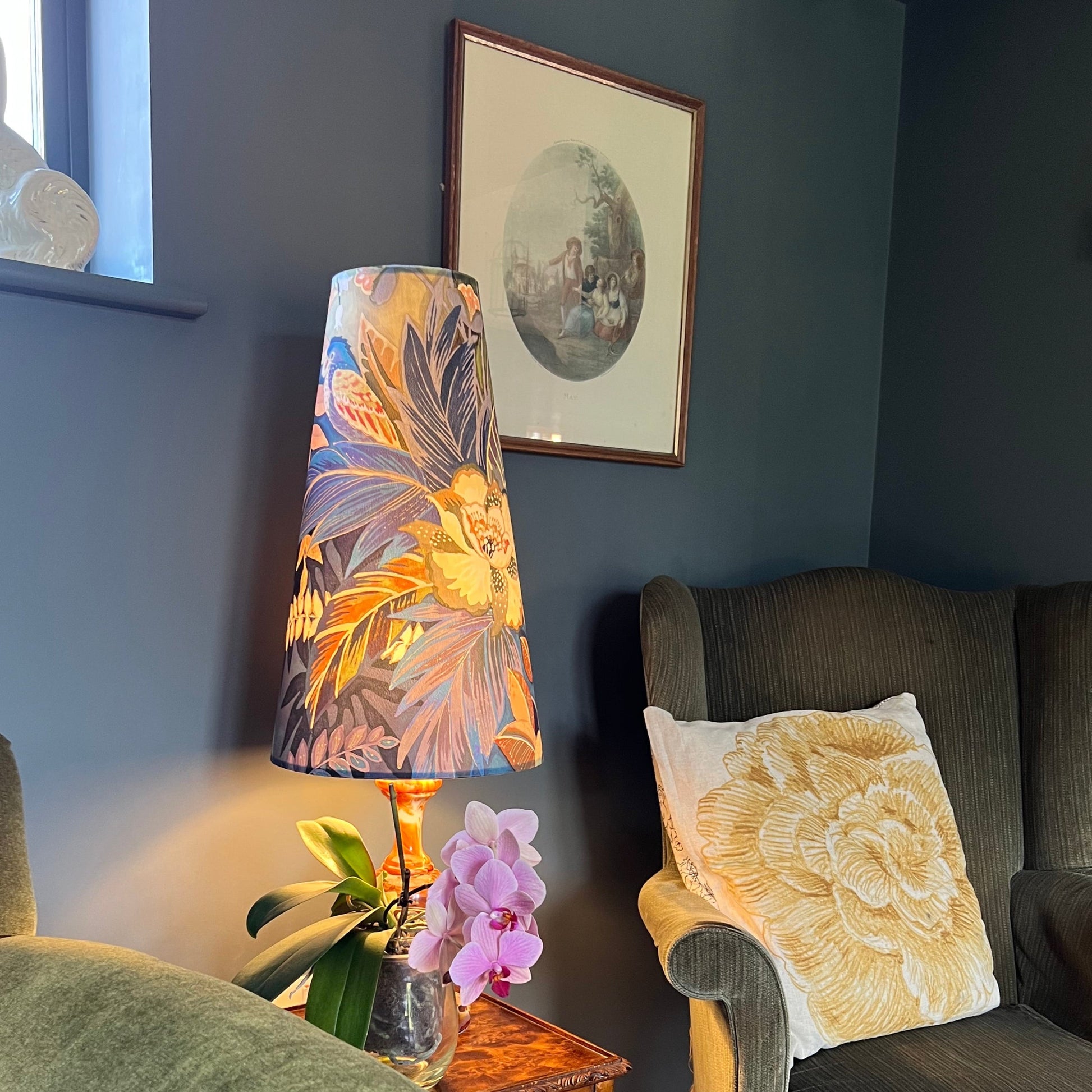 Floral Midnight Velvet cone lampshade, extra tall lampshade