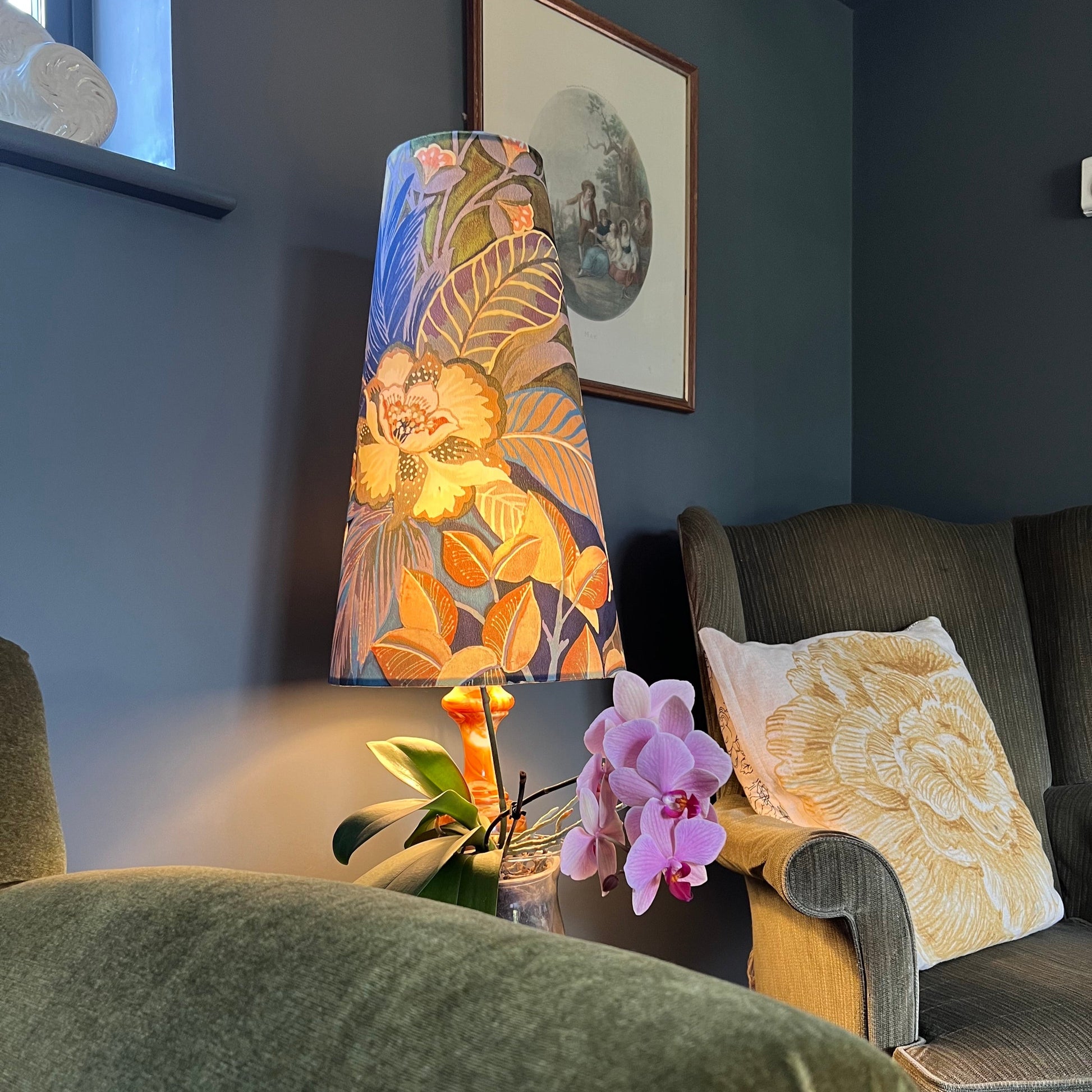 Floral Midnight Velvet cone lampshade, extra tall lampshade