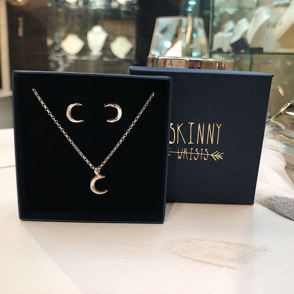 Crescent Moon Necklace and Earring Set in Sterling Silver