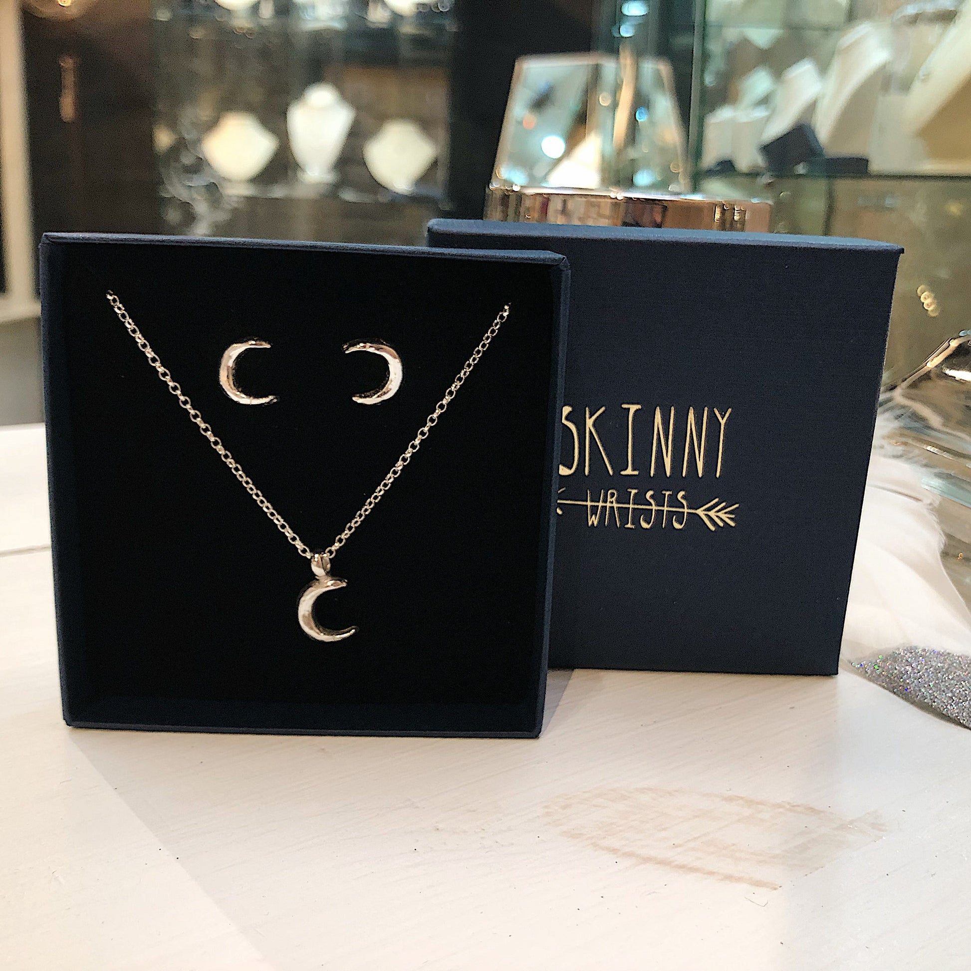 Crescent Moon Necklace and Earring Set in Sterling Silver