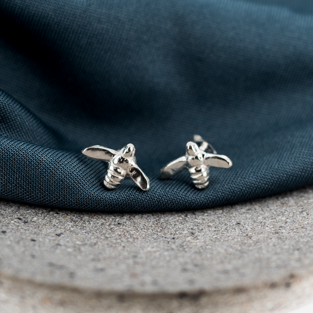 Handmade Honey Bee Studs in Sterling Silver