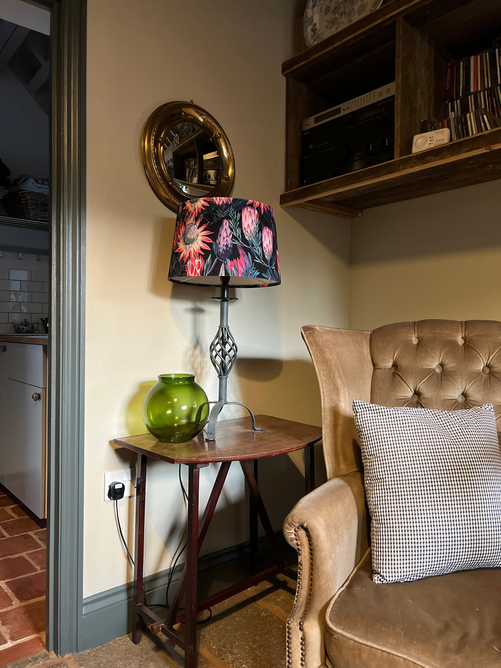 Black and pink botanical velvet french drum lampshade/ ceiling light shade, empire lampshade