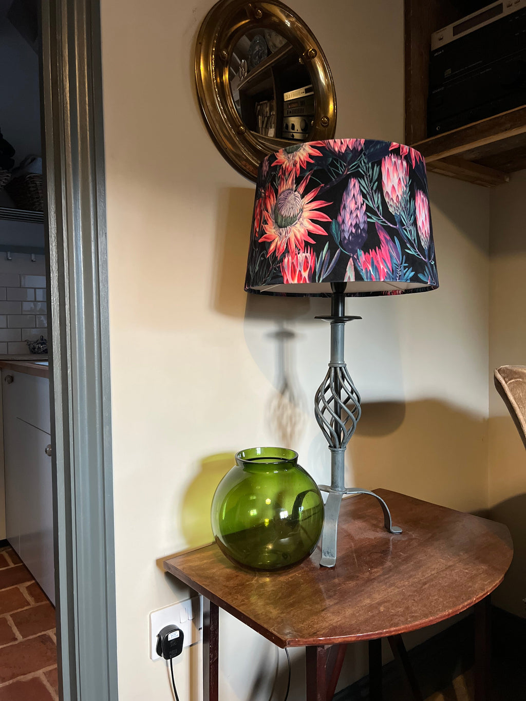 Black and pink botanical velvet french drum lampshade/ ceiling light shade, empire lampshade