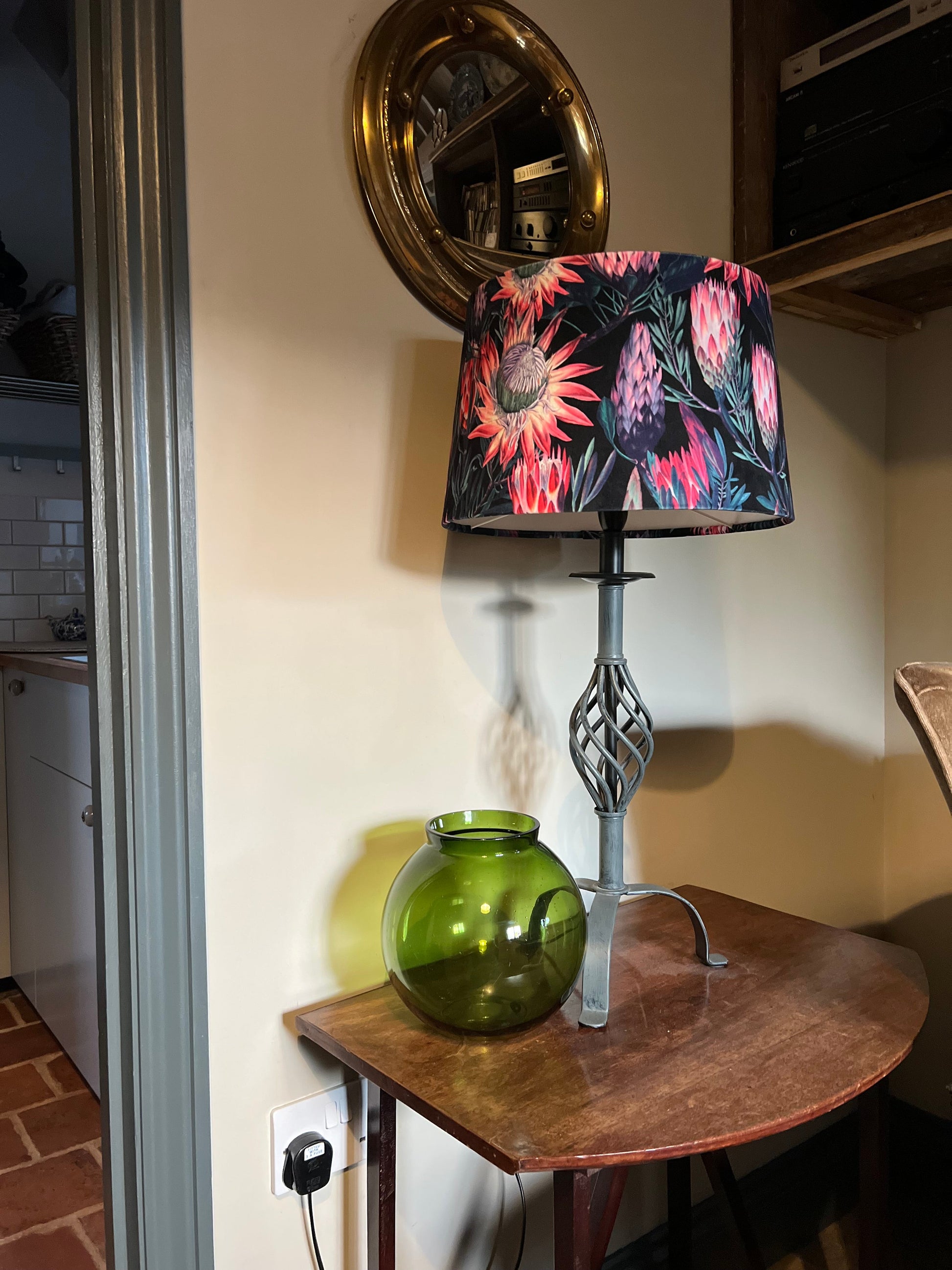 Black and pink botanical velvet french drum lampshade/ ceiling light shade, empire lampshade