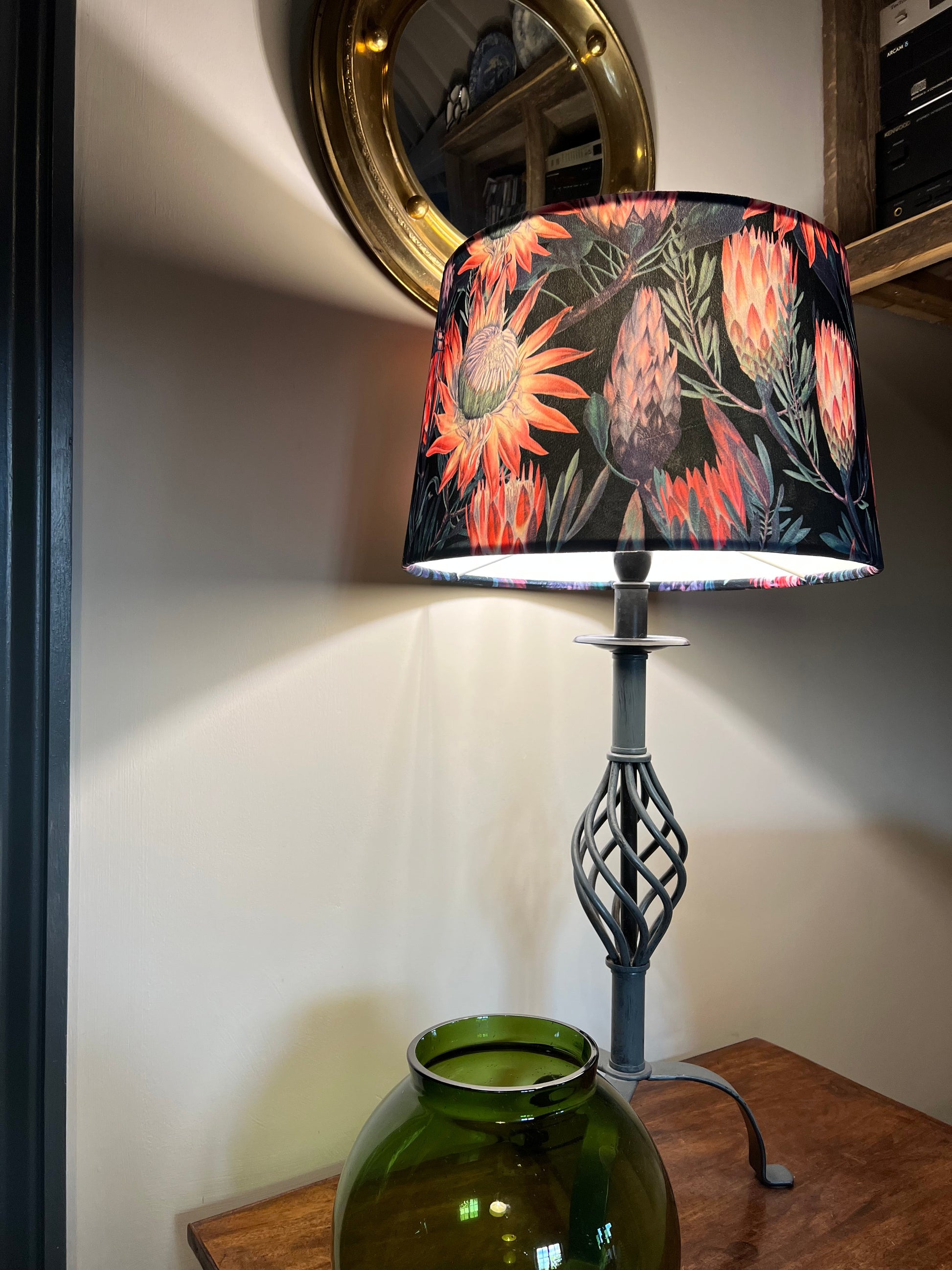 Black and pink botanical velvet french drum lampshade/ ceiling light shade, empire lampshade