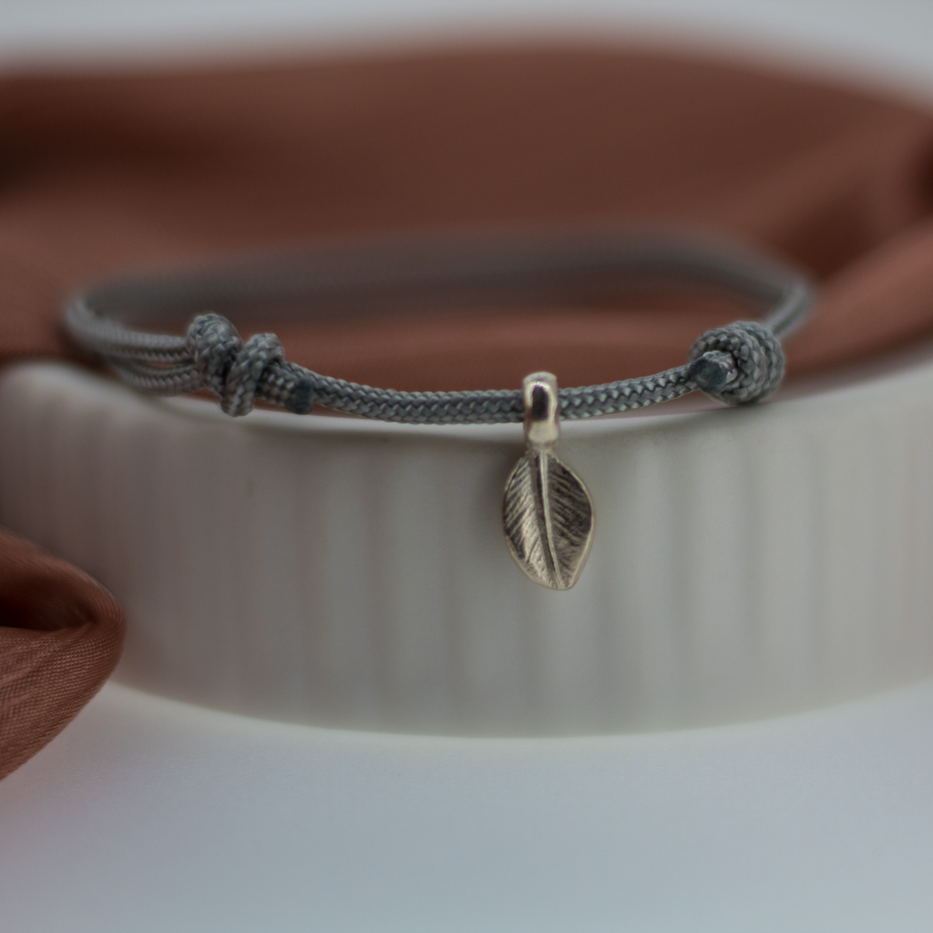 Leaf Charm Rope Bracelet in Sterling Silver