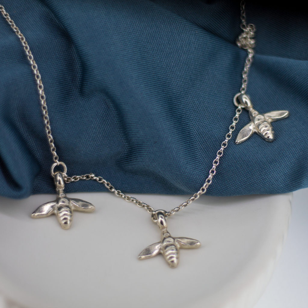 Three Honey Bee Sterling Silver Charm Necklace