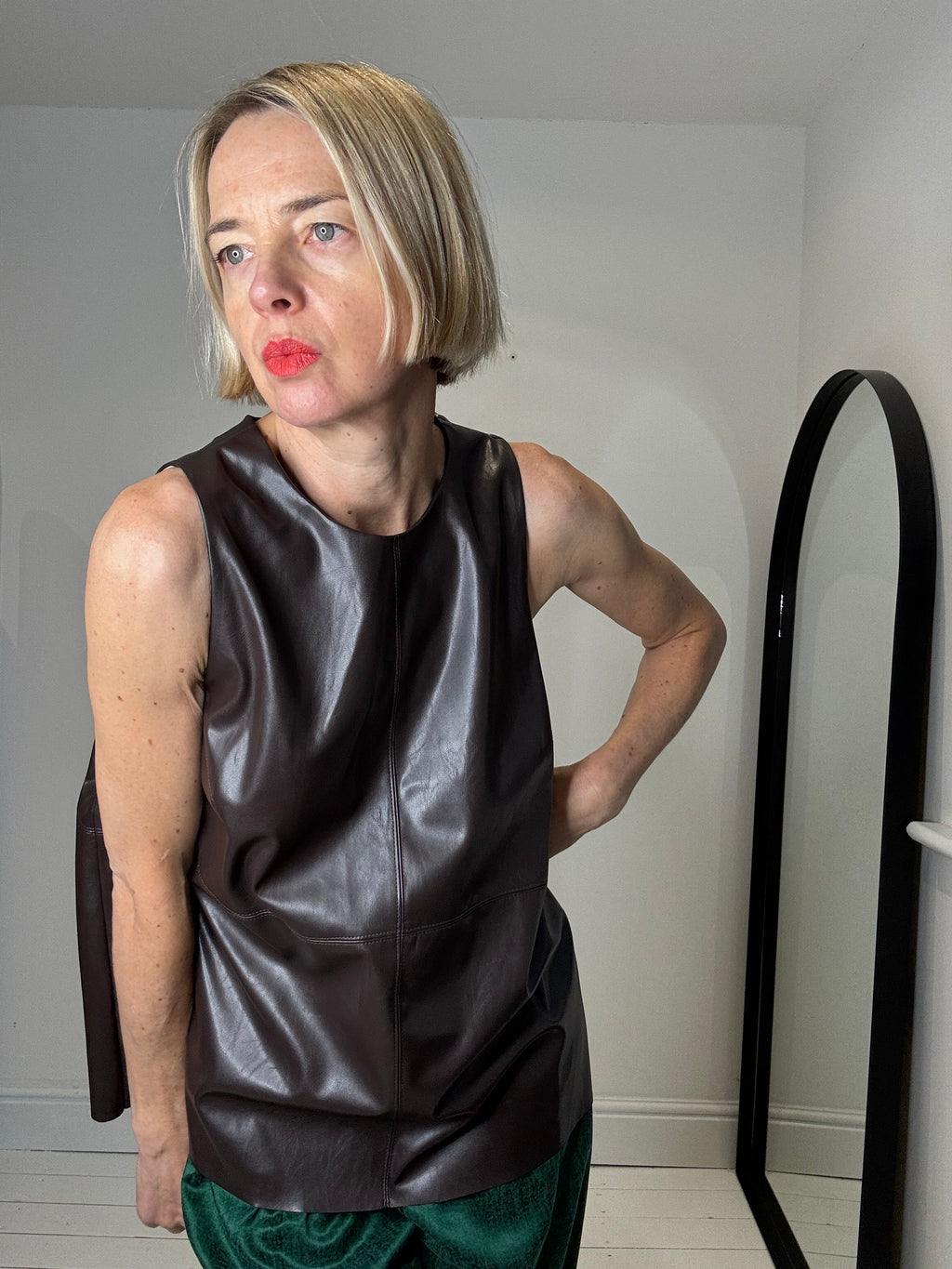 Chocolate Brown Faux Leather Top with Keyhole Detail