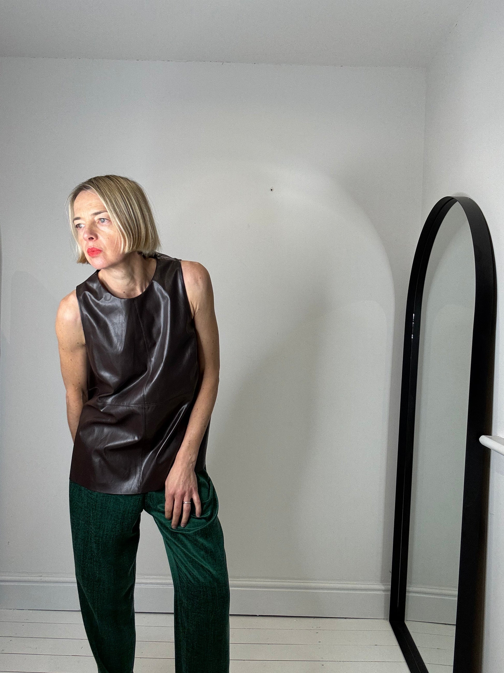 Chocolate Brown Faux Leather Top with Keyhole Detail