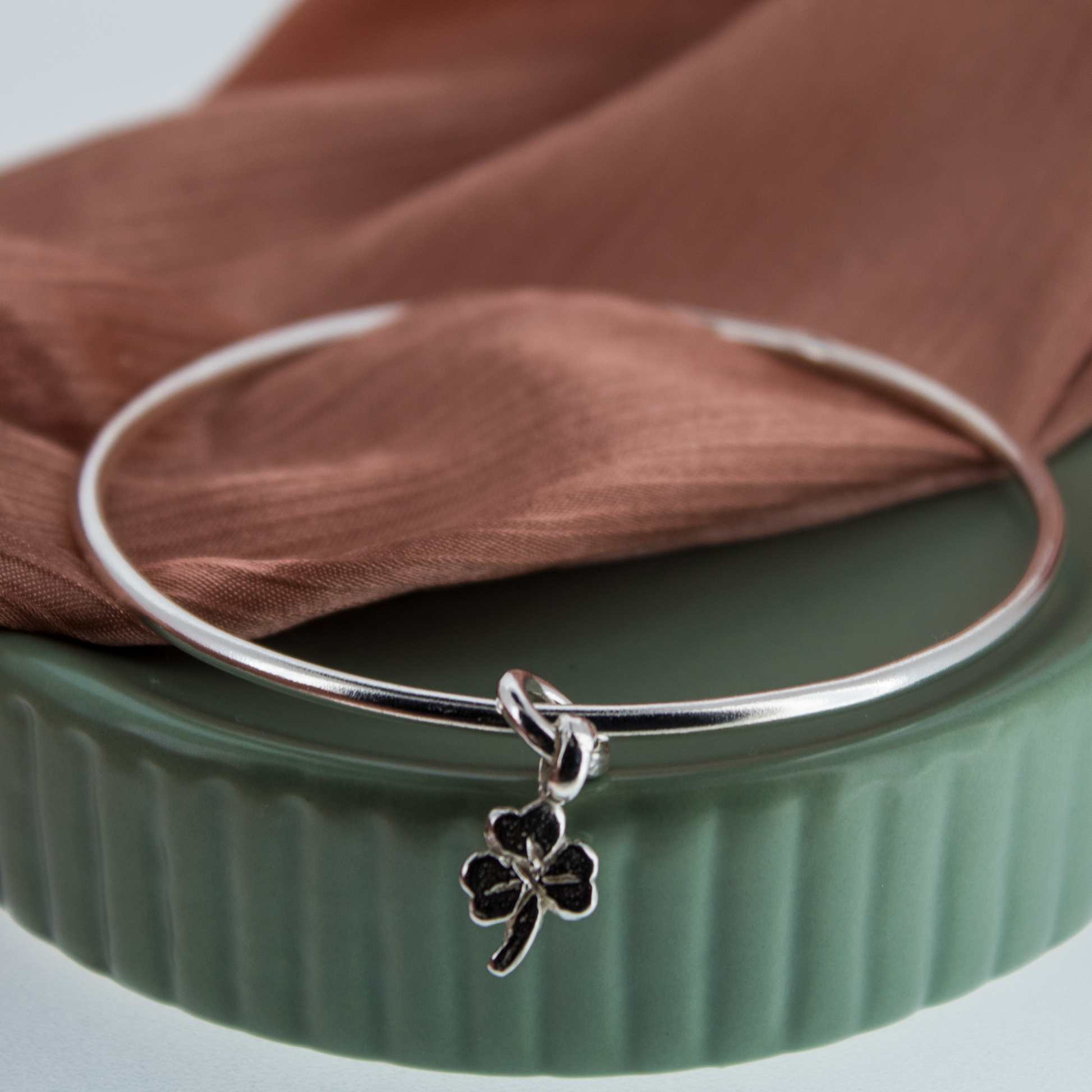 Lucky Clover Silver Charm Bangle