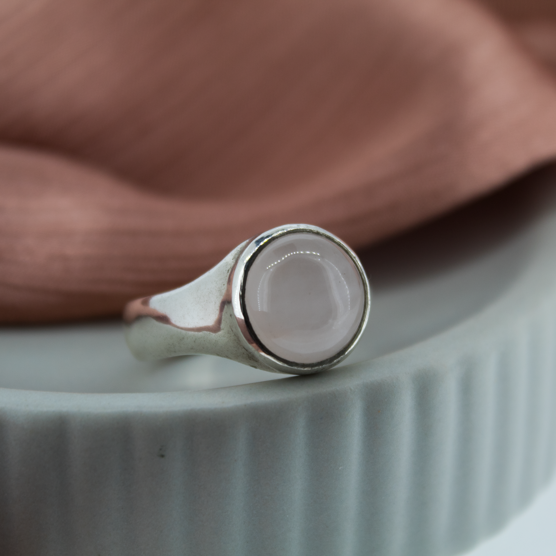 Rose Quartz Moon Ring Signet in Recycled Silver