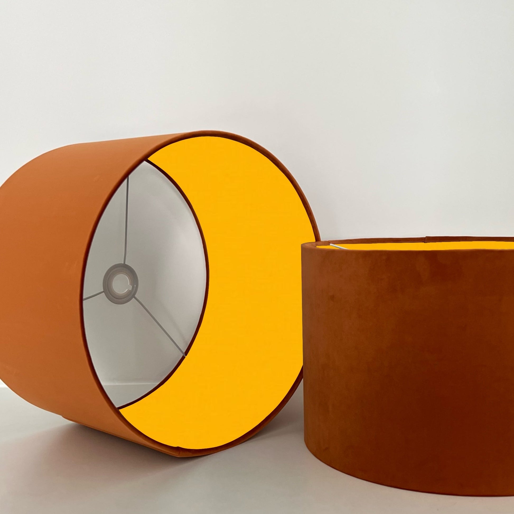 Burnt orange velvet drum lampshade/ ceiling light shade with sunny yellow cotton interior