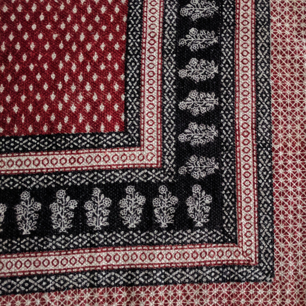 Red and Black Dots and Floral Hand Block Print Rug