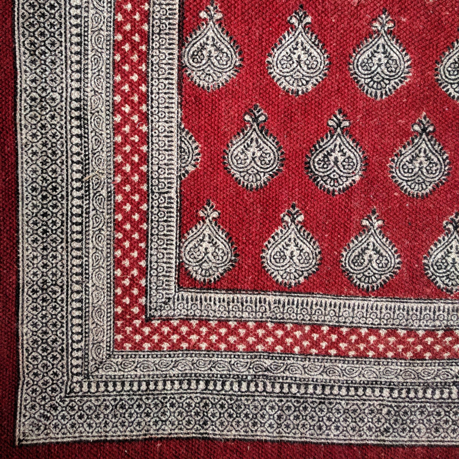 Paisley Jaal Hand Block Print Rug in Red and White