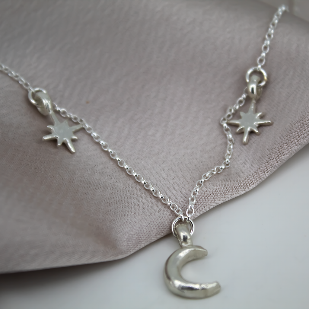Crescent Moon with North Star Charm Necklace in Sterling Silver