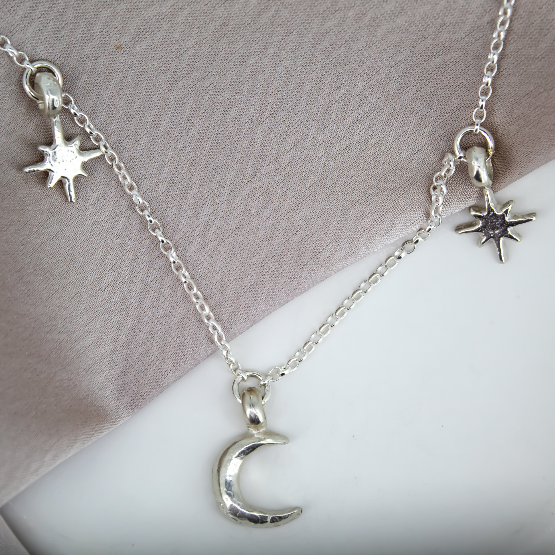 Crescent Moon with North Star Charm Necklace in Sterling Silver