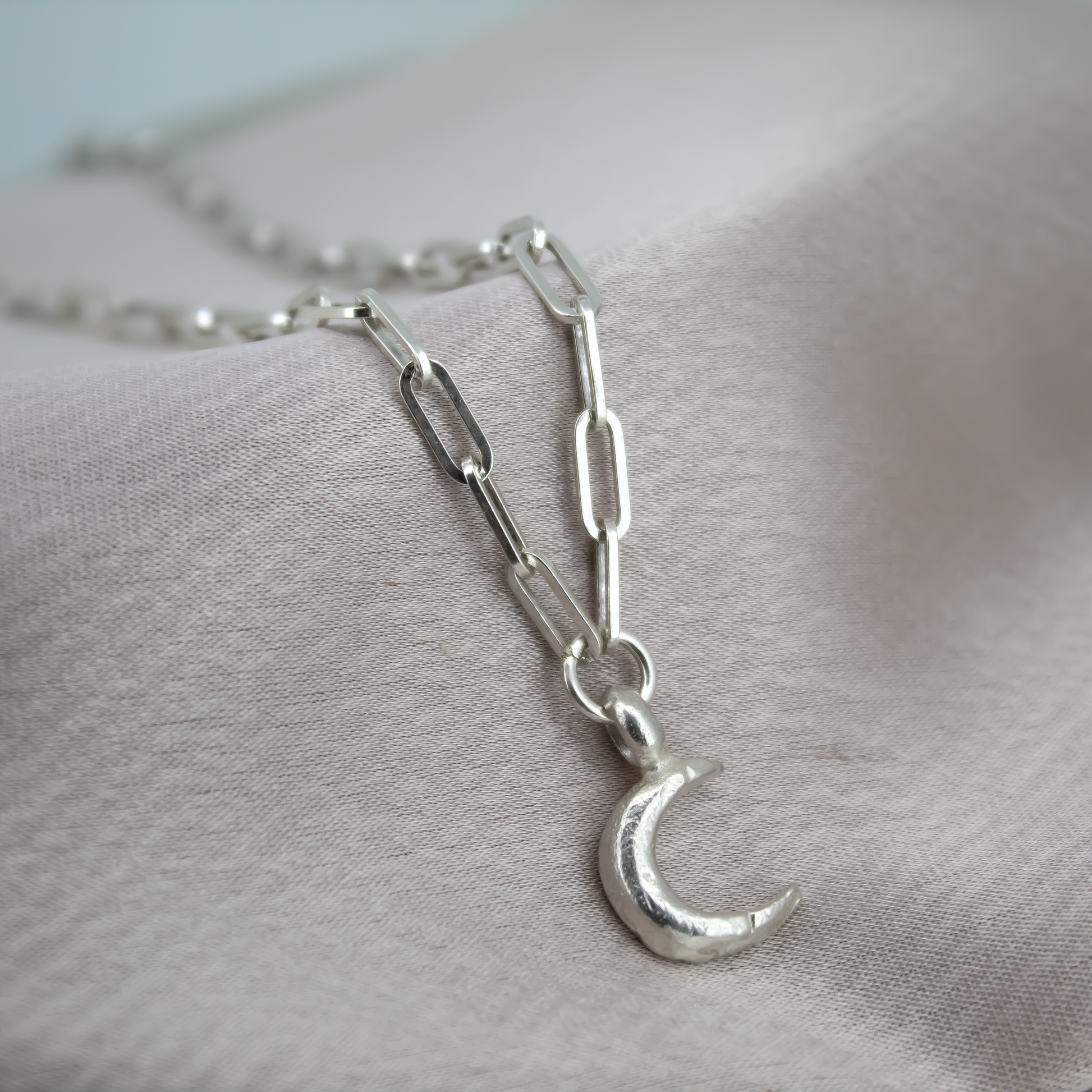 Crescent Moon Trace Chain Necklace in Sterling Silver