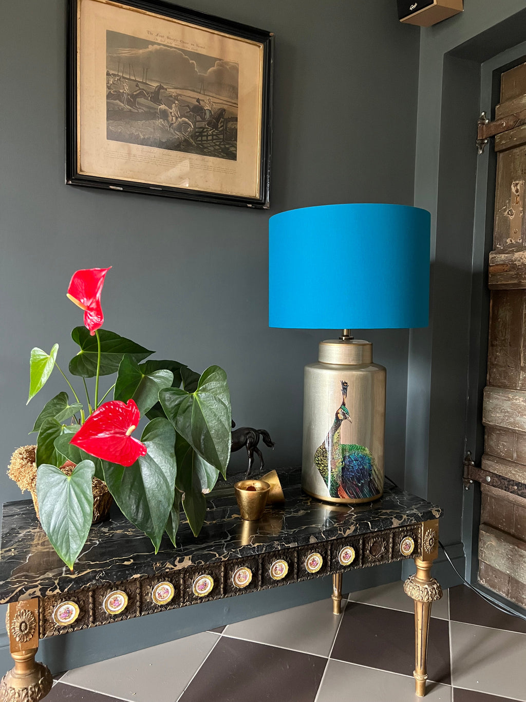 Teal cotton drum lampshade/ ceiling shade with a white lining