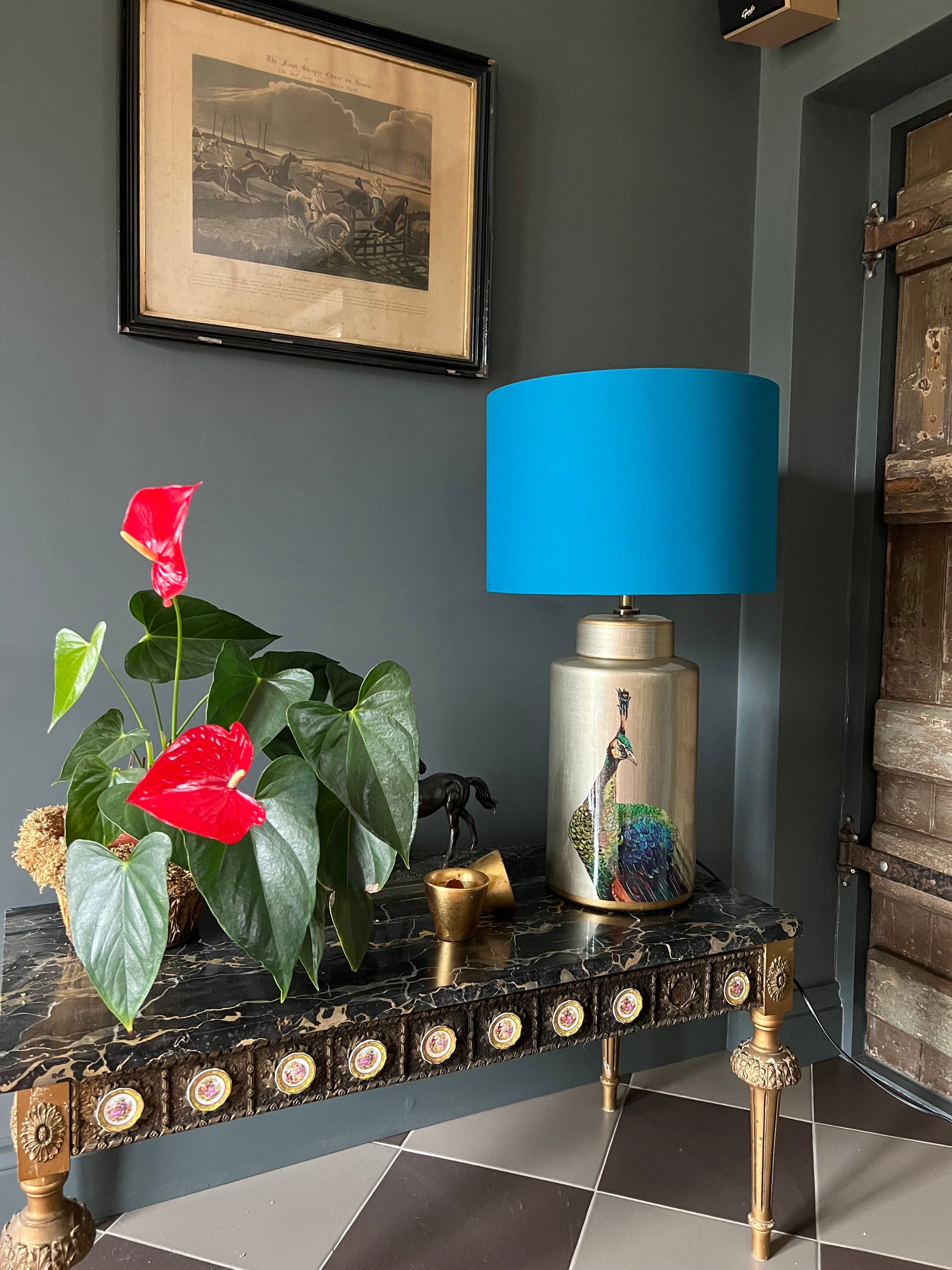 Teal cotton drum lampshade/ ceiling shade with a white lining