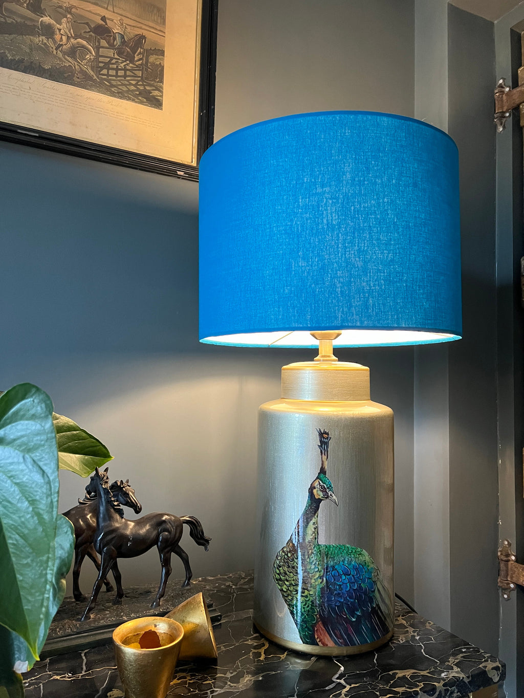 Teal cotton drum lampshade/ ceiling shade with a white lining