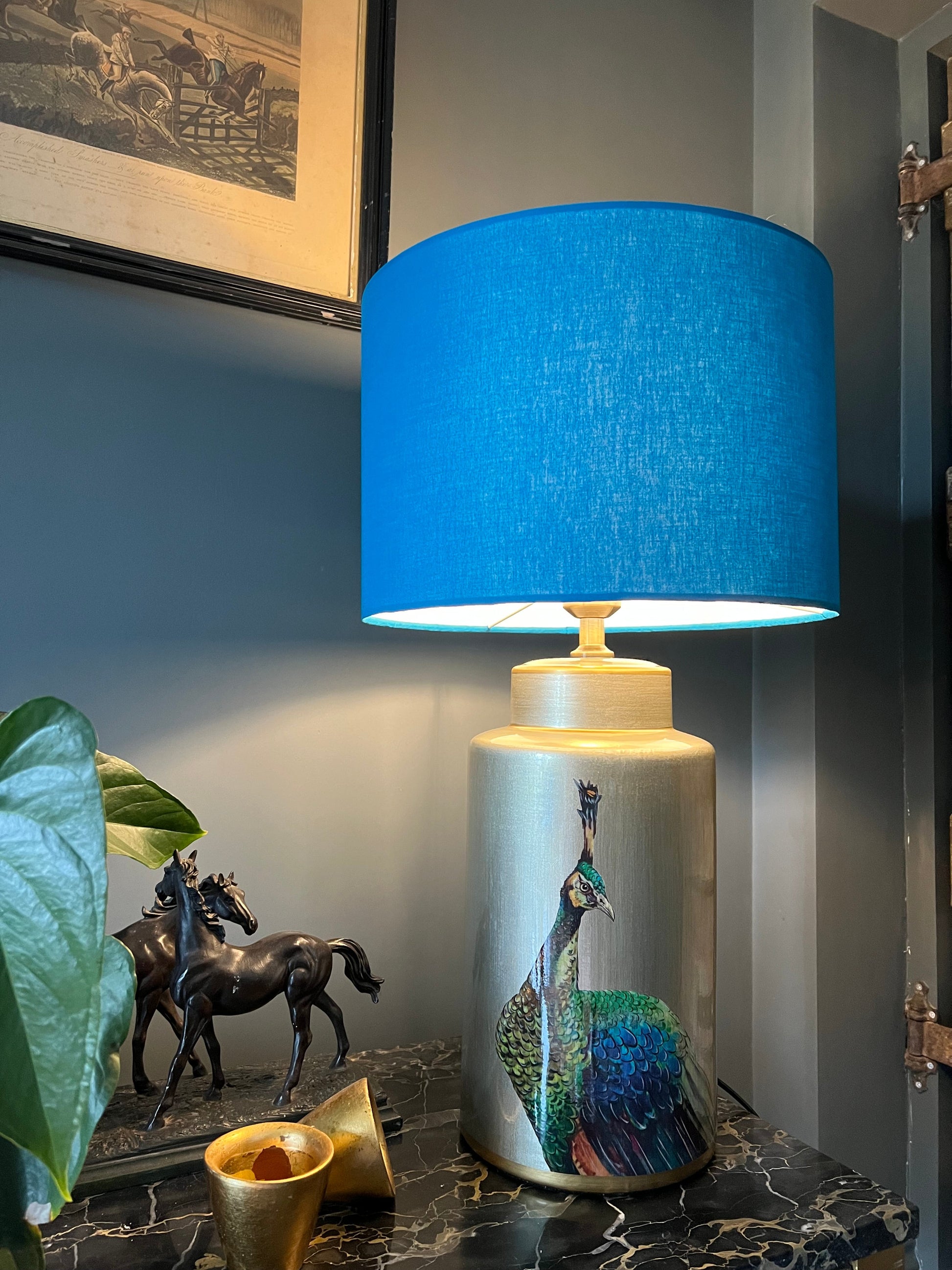 Teal cotton drum lampshade/ ceiling shade with a white lining