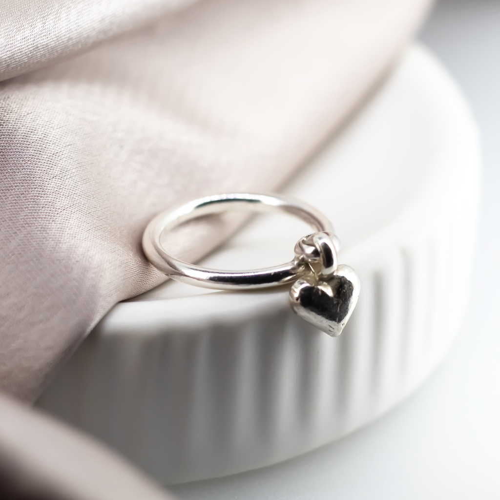 Baby Heart Dangle Ring in Recycled Sterling Silver