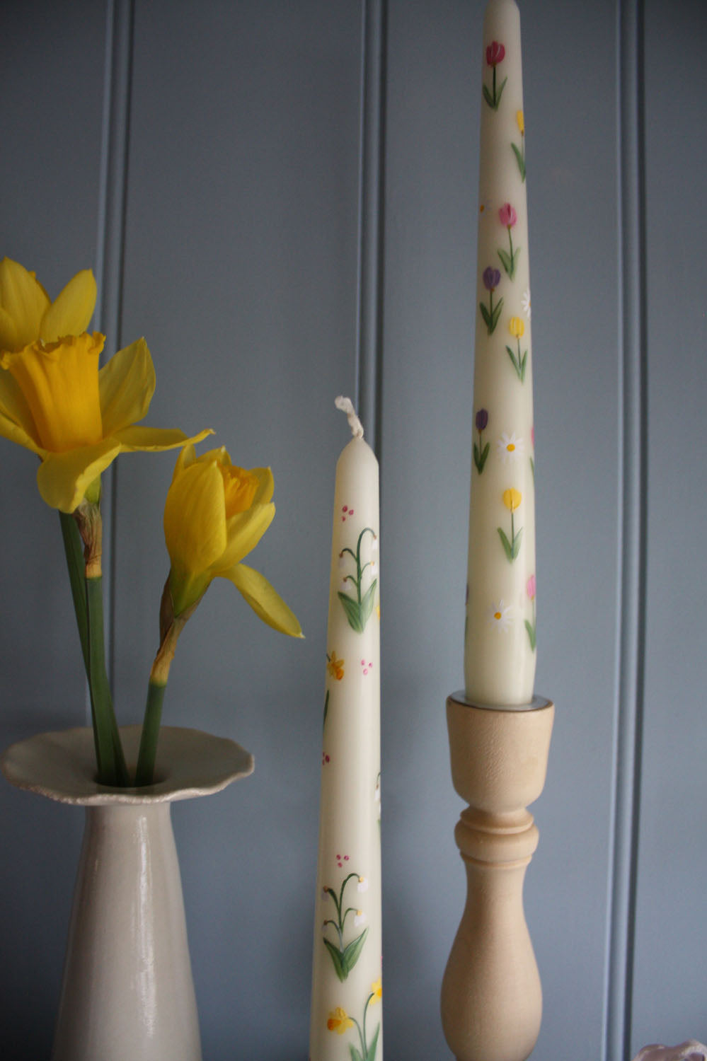 Hand Painted Tulips and Daisies Candle