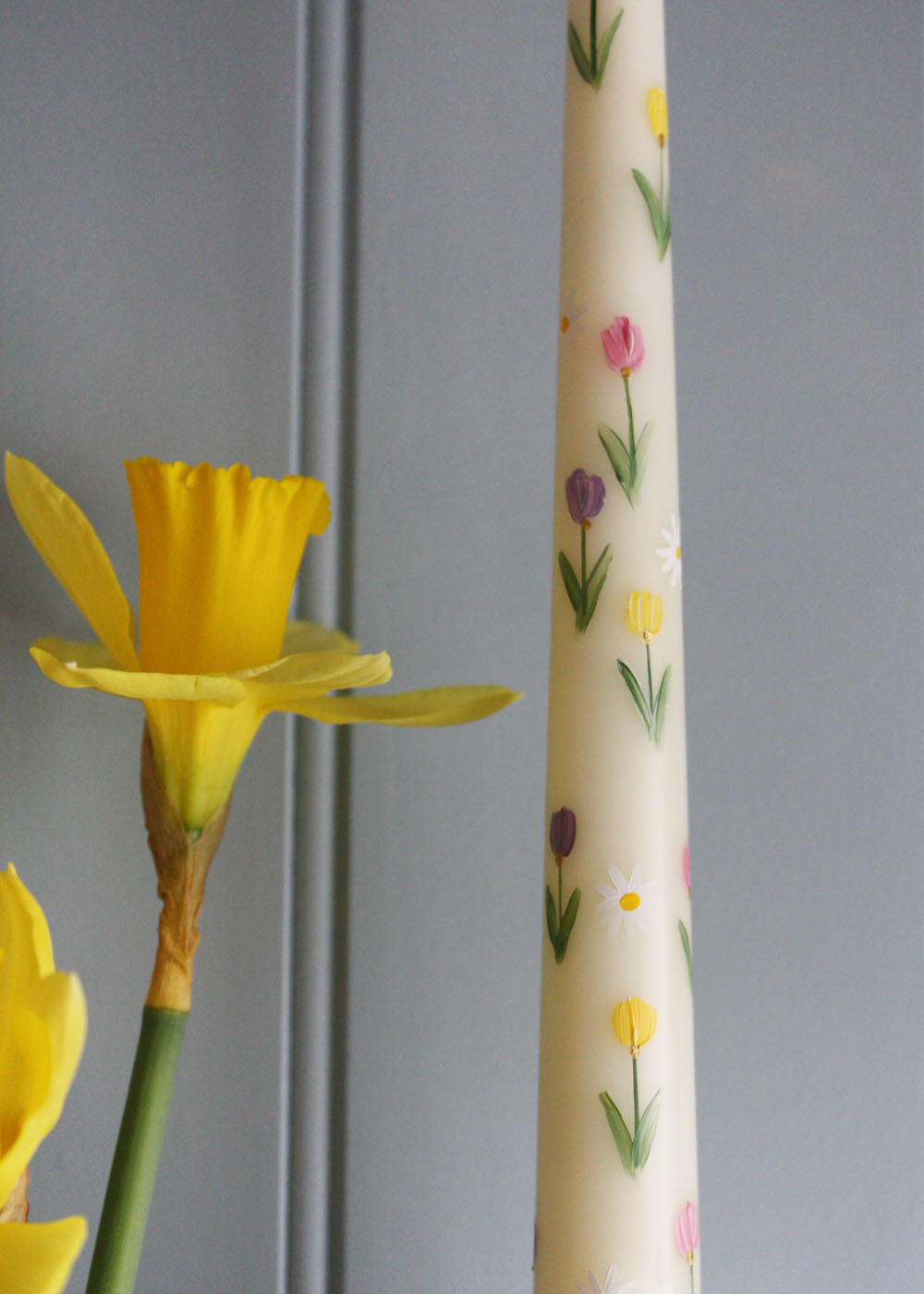 Hand Painted Tulips and Daisies Candle