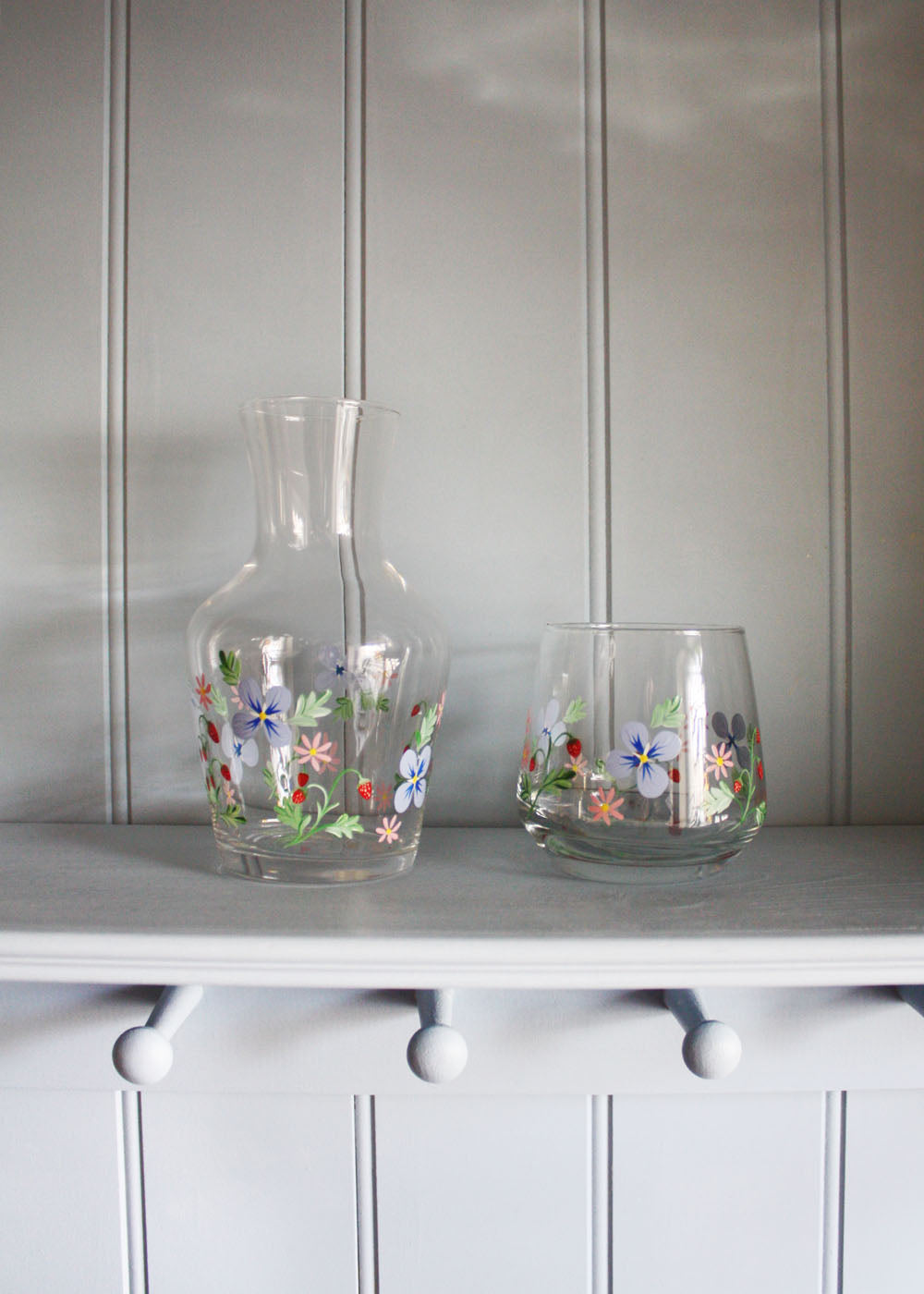 Blue Floral and Strawberry Carafe with Glass Set