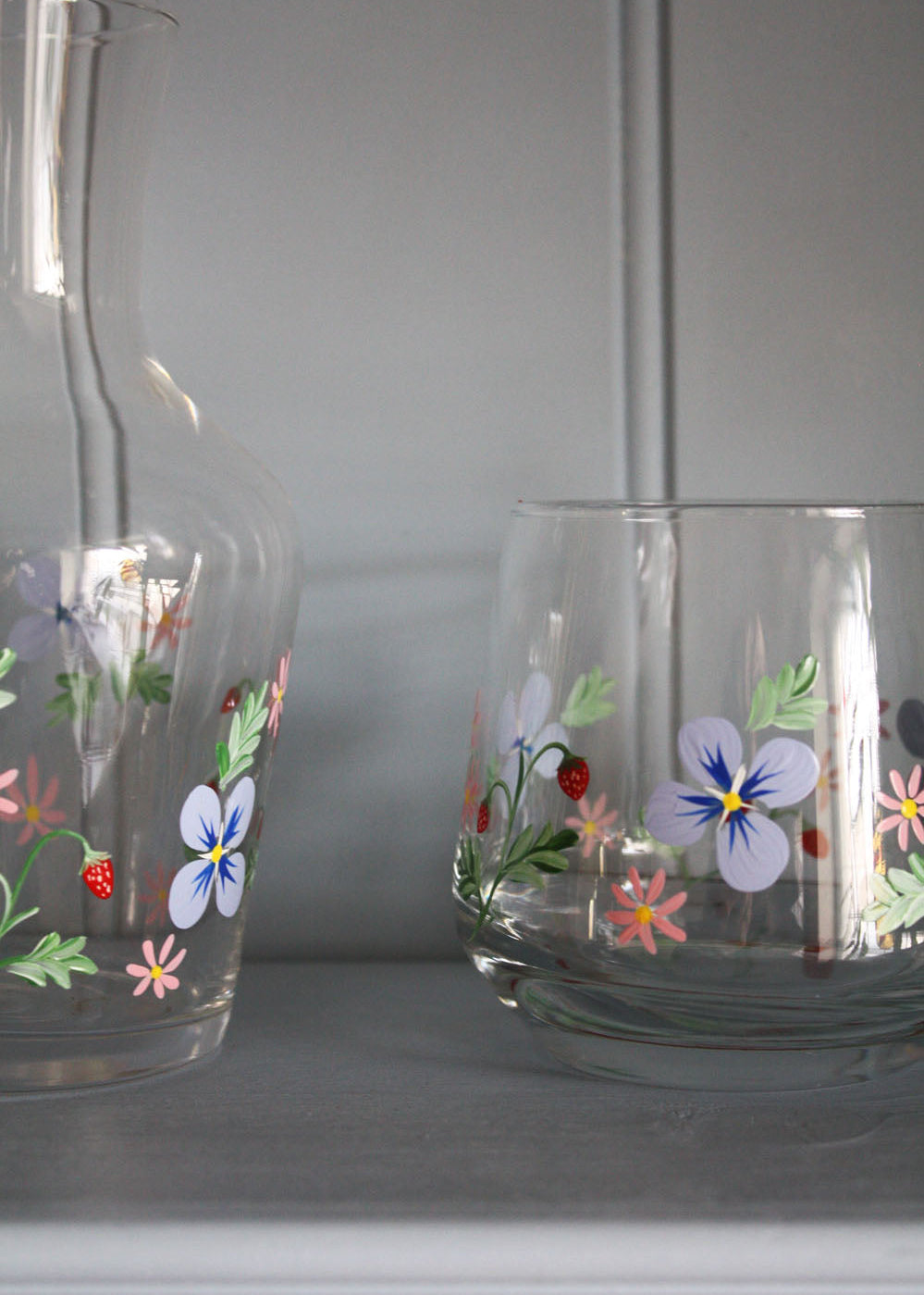 Blue Floral and Strawberry Carafe with Glass Set