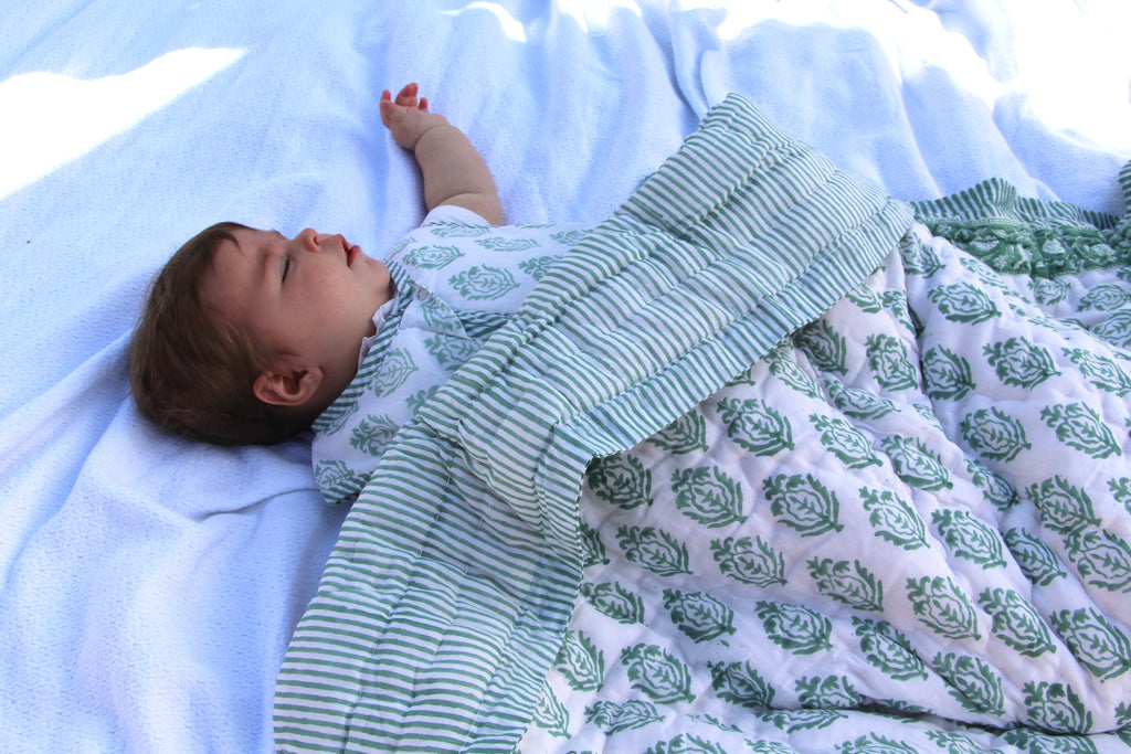 Sage Green Hand Block Printed Baby Quilt