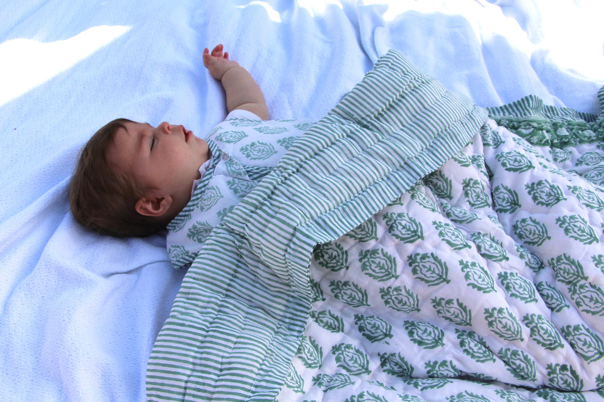 Sage Green Hand Block Printed Baby Quilt