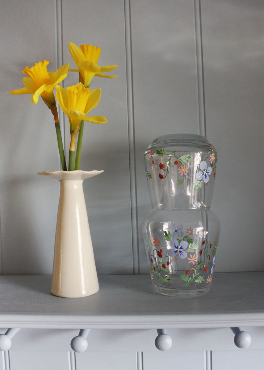Blue Floral and Strawberry Carafe with Glass Set