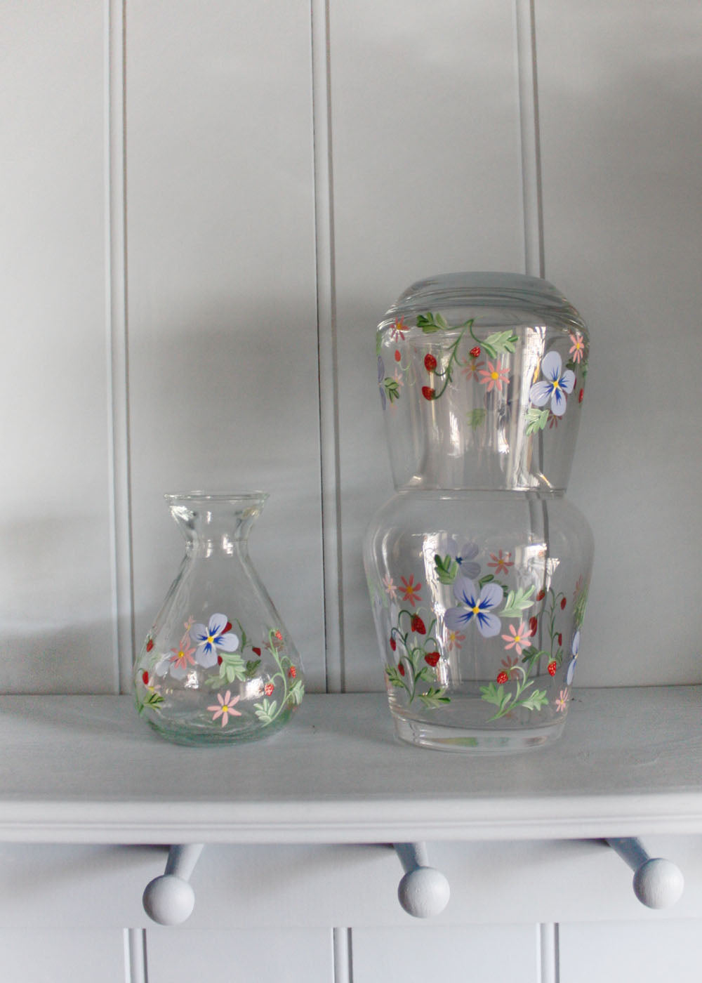 Blue Floral and Strawberry Carafe with Glass Set