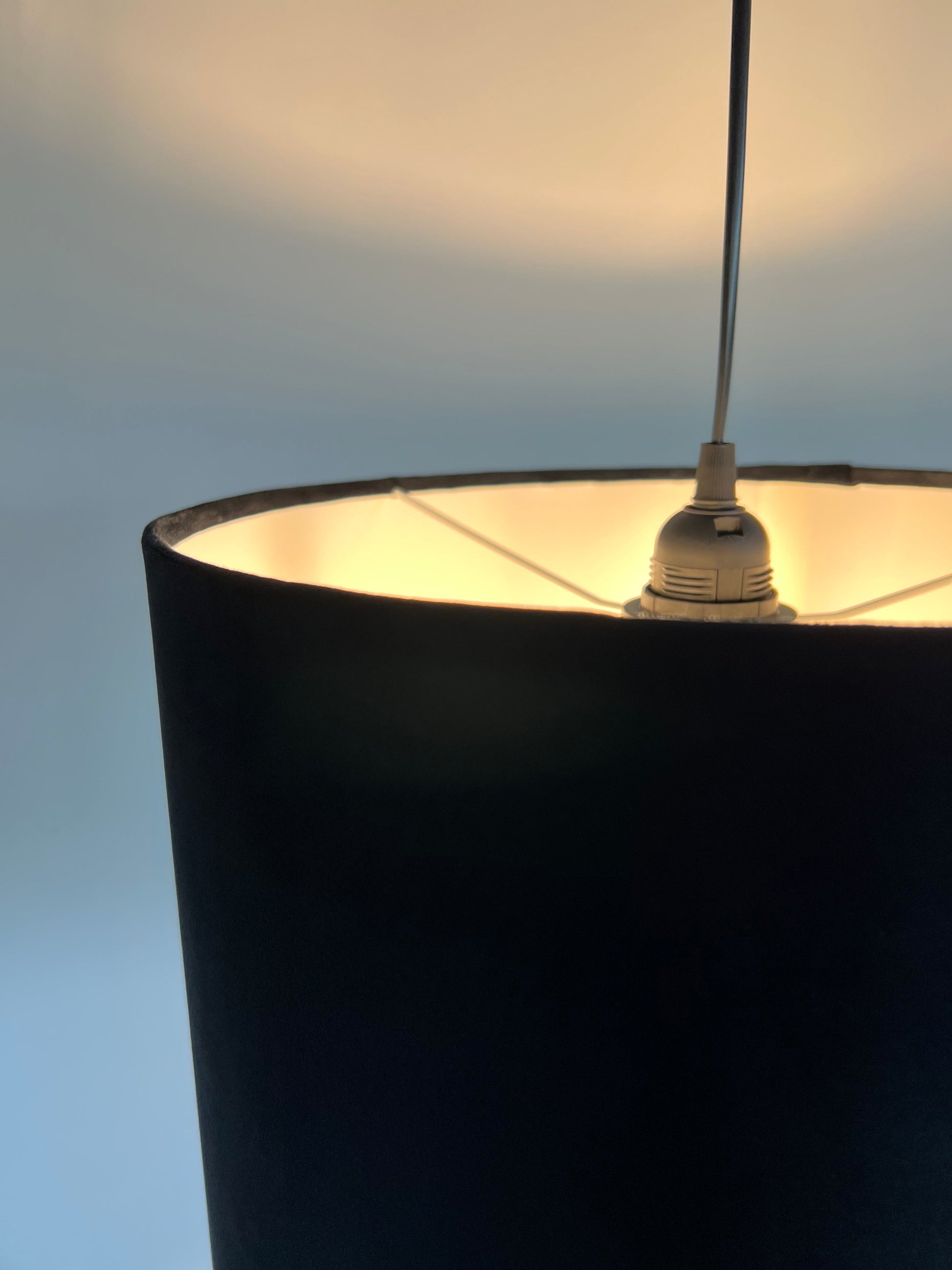 Black velvet drum lampshade/ ceiling shade with a white lining