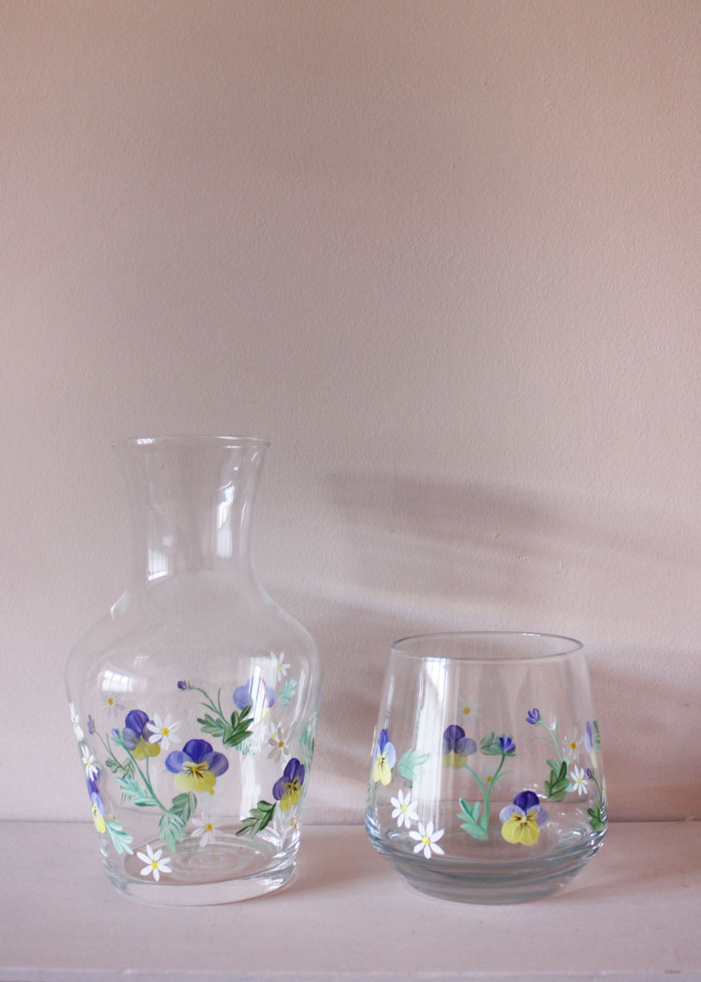 Hand Painted Pansy Carafe and Glass Set