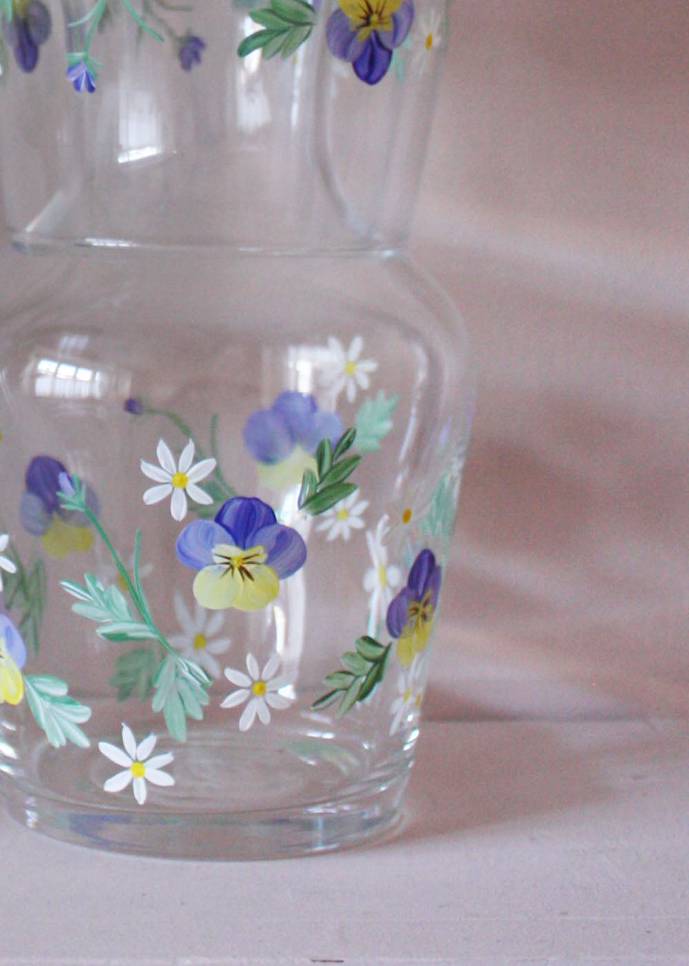 Hand Painted Pansy Carafe and Glass Set
