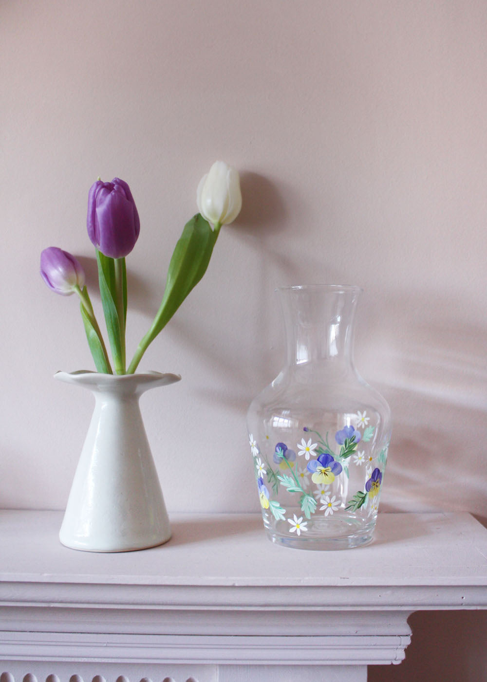 Hand Painted Pansy Carafe and Glass Set
