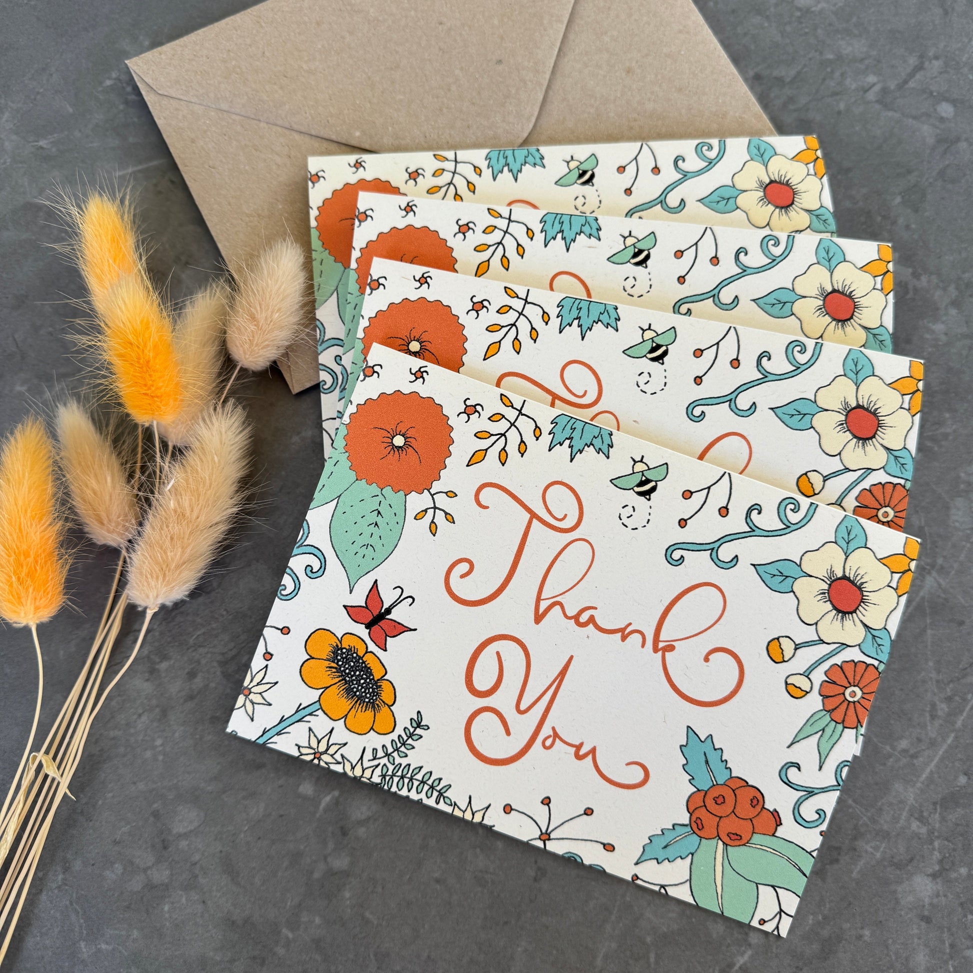 Thank You Note Card Set Orange Florals