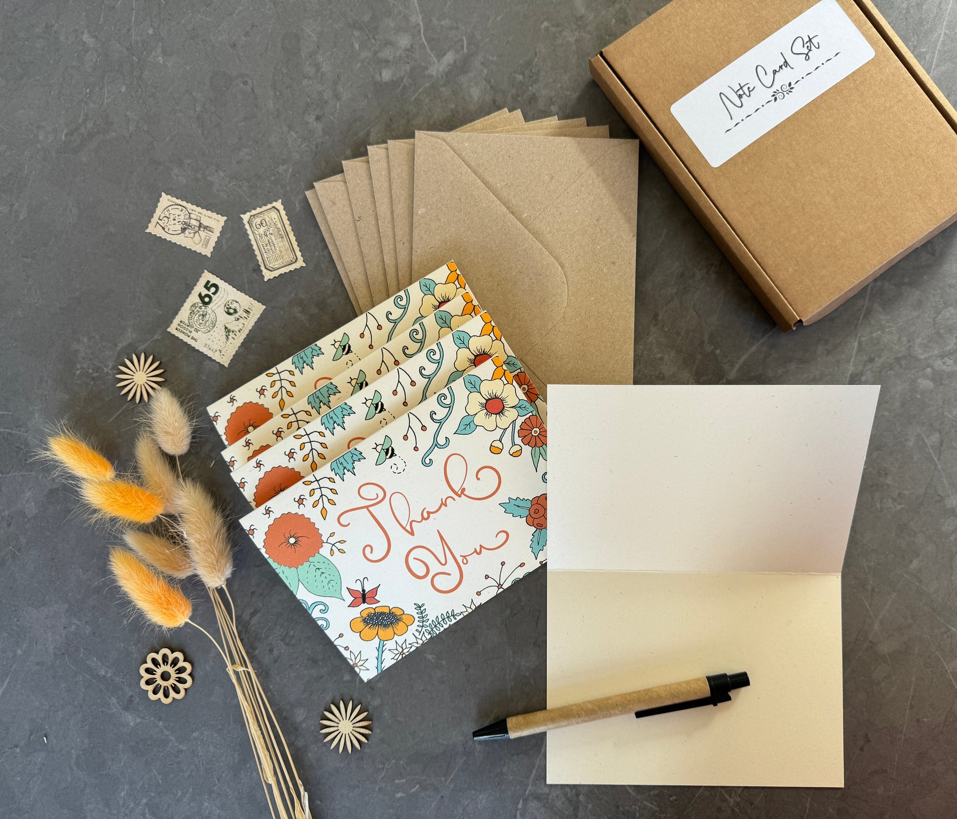 Thank You Note Card Set Orange Florals