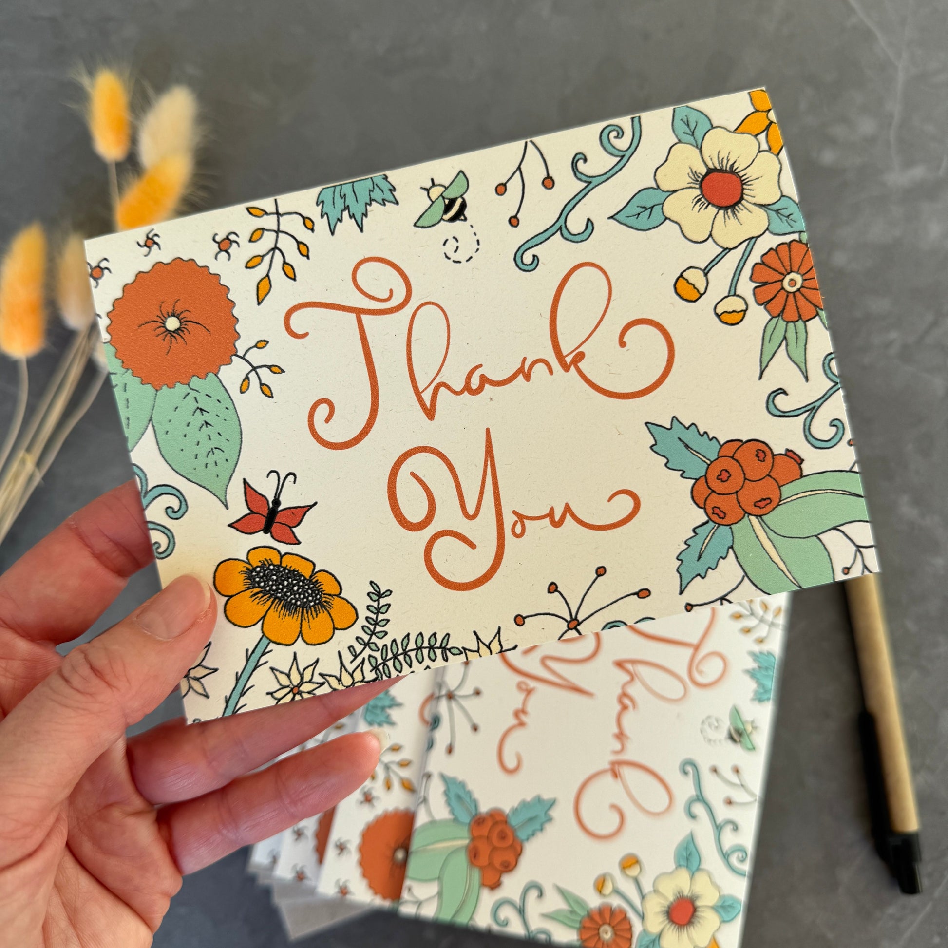 Thank You Note Card Set Orange Florals