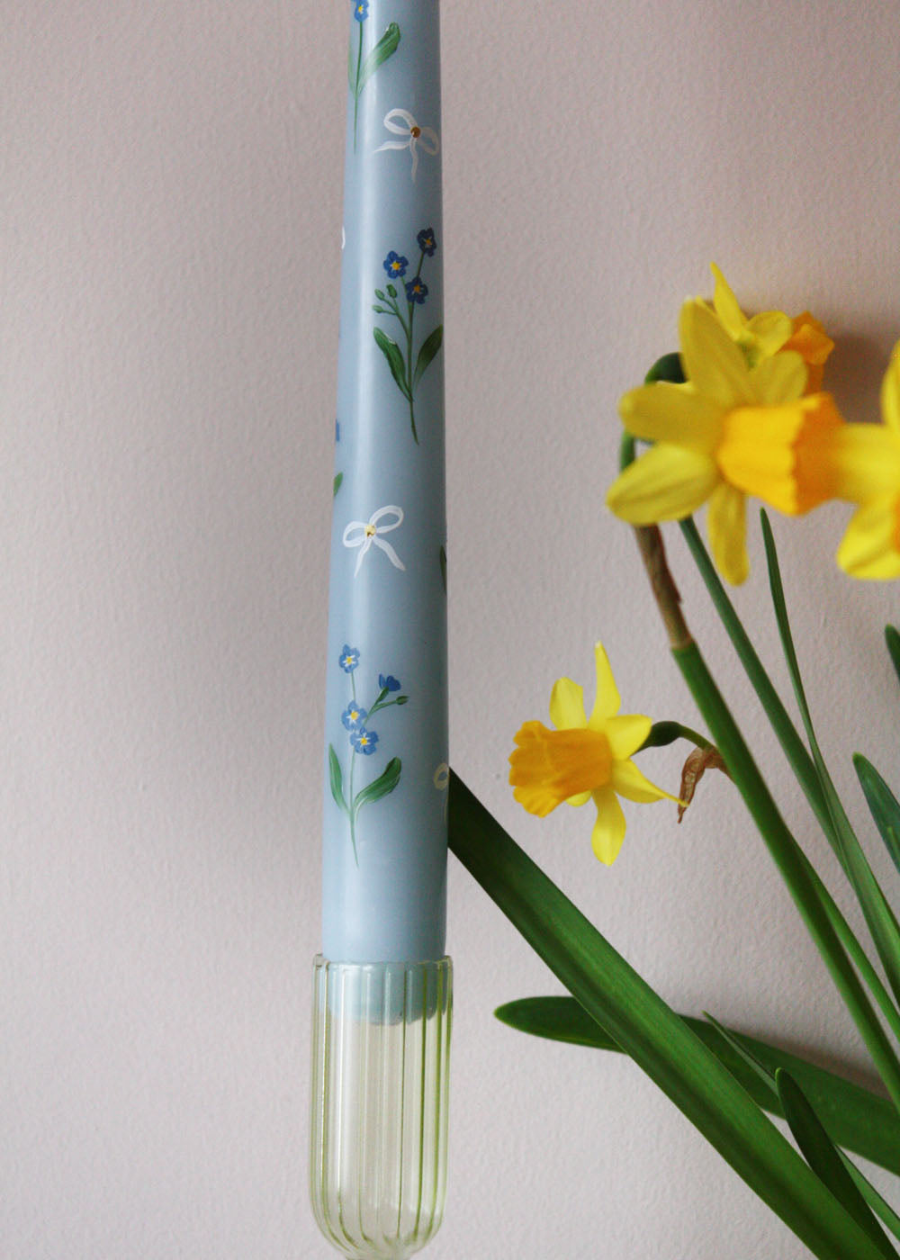 Forget Me Nots and Bows Hand Painted Candle