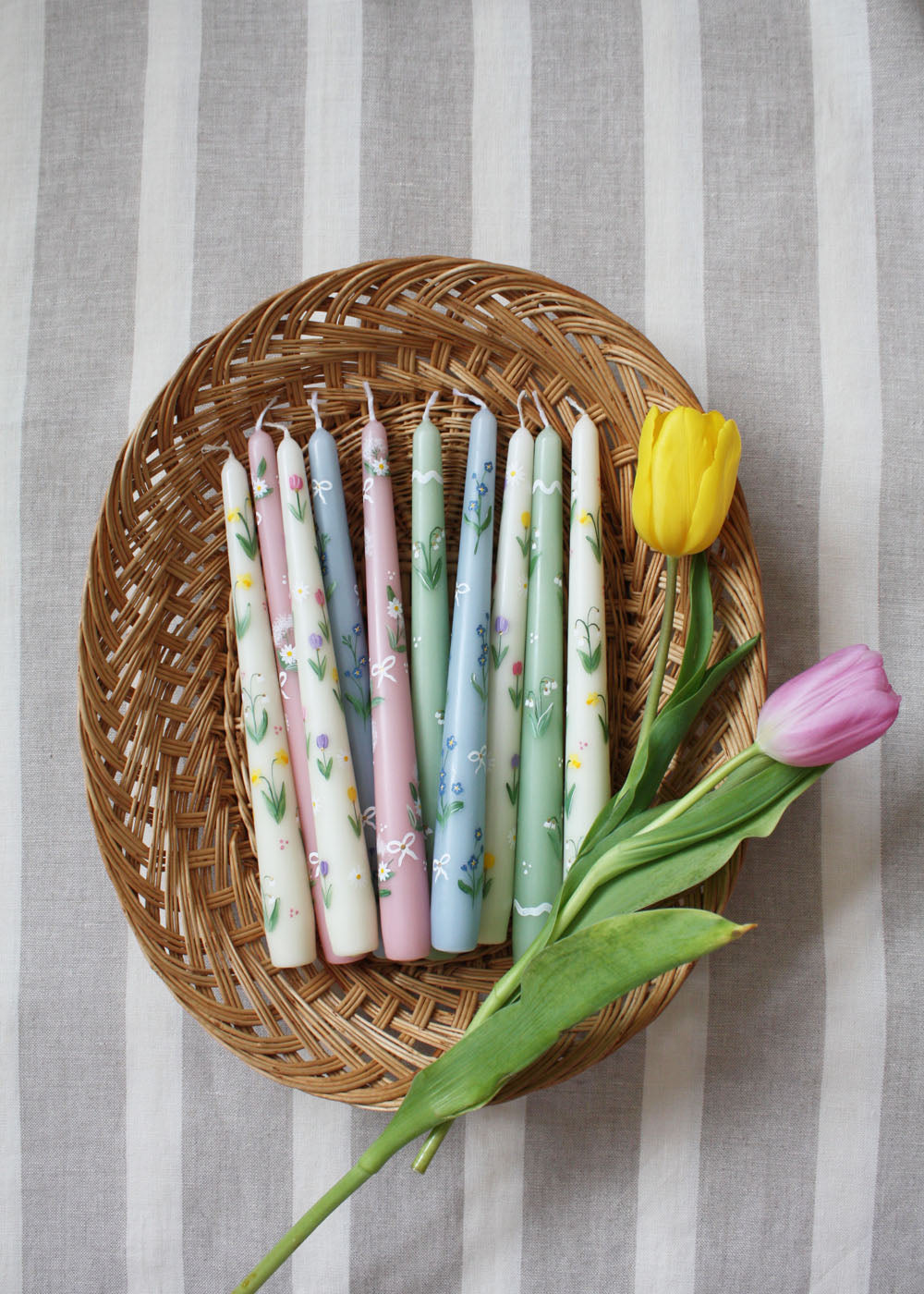 Hand Painted Tulips and Daisies Candle