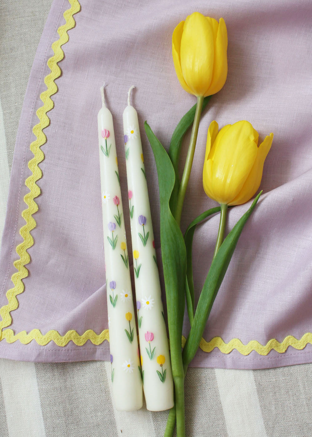Hand Painted Tulips and Daisies Candle