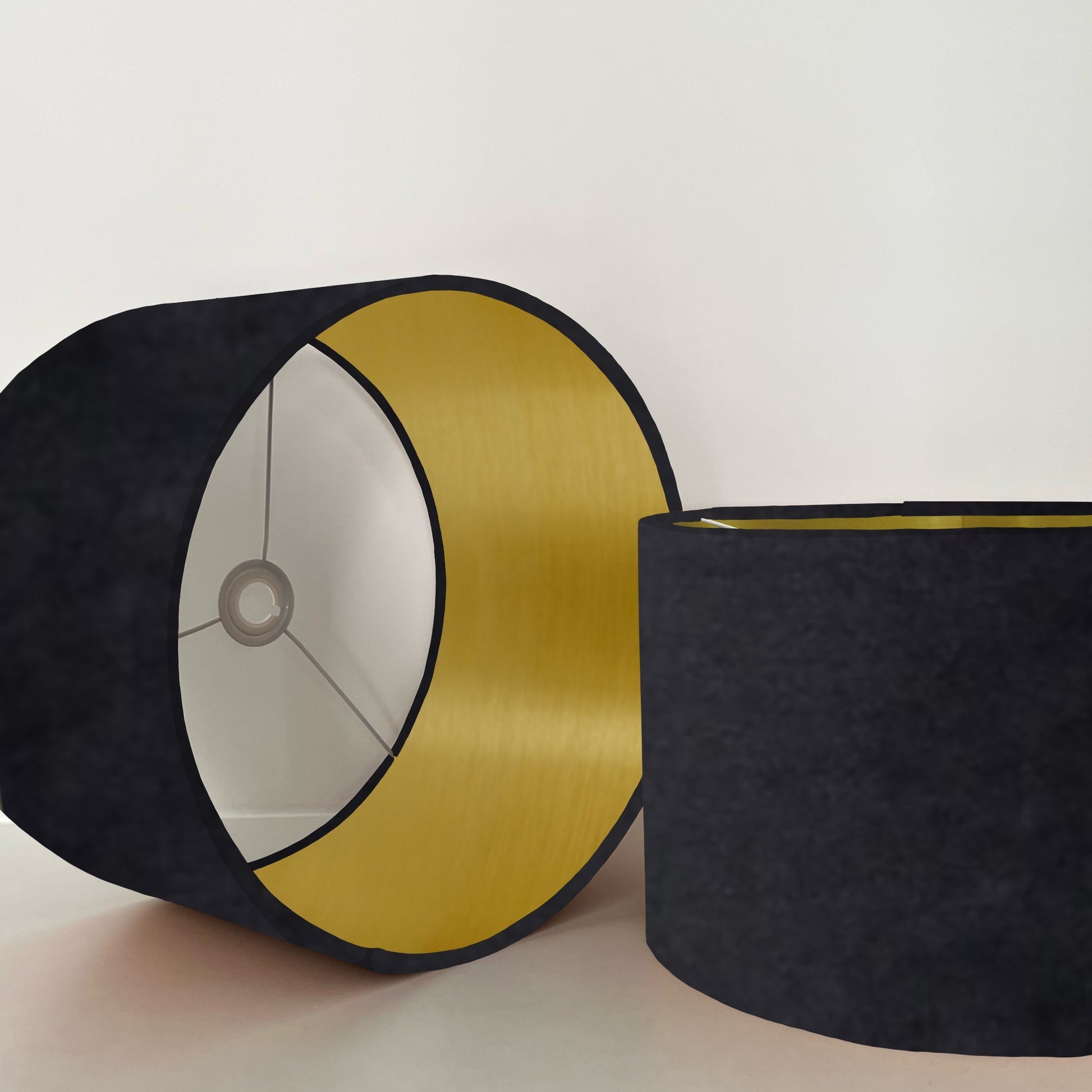 Black velvet drum lampshade/ ceiling shade with a metallic brushed gold lining