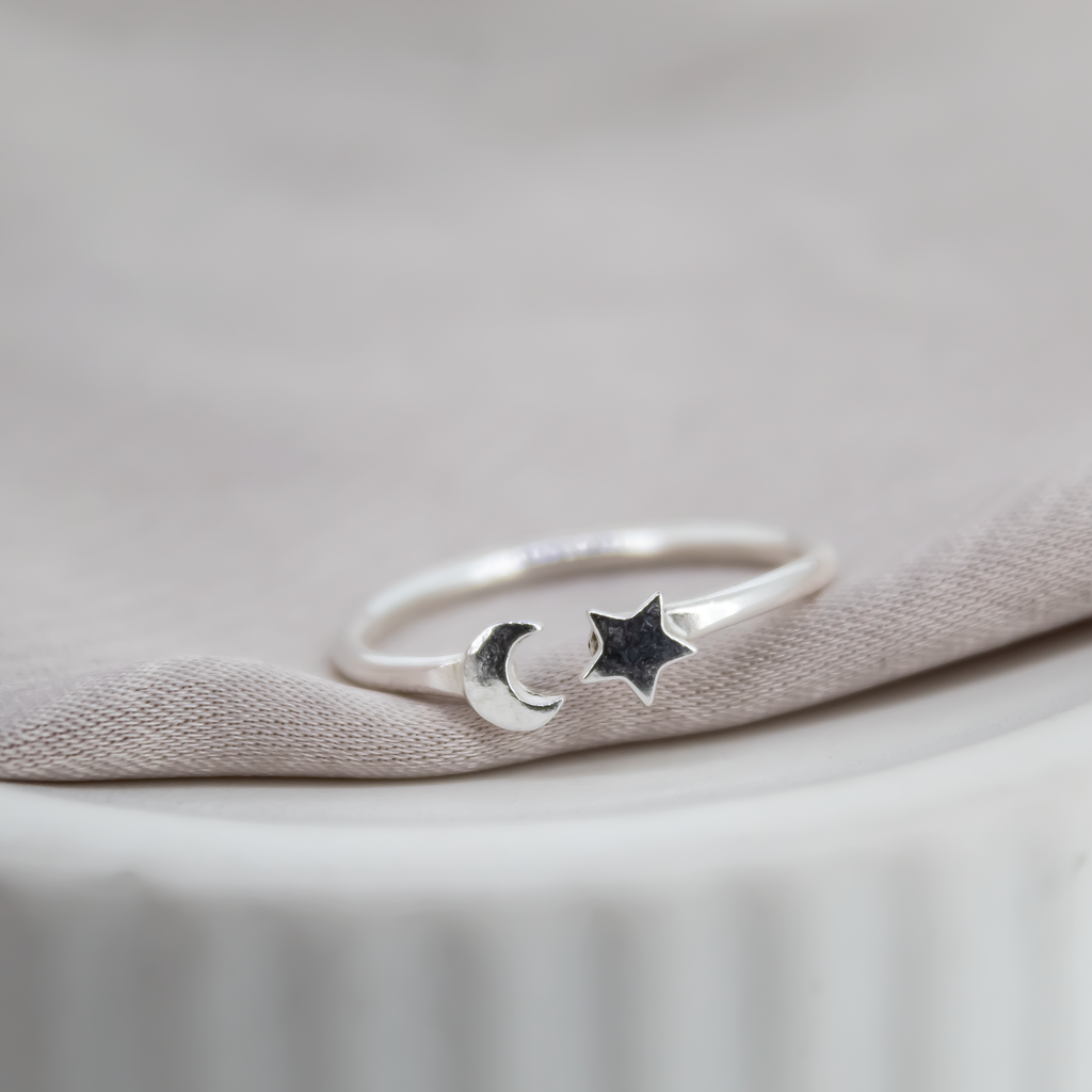 Moon and Star Ring in Recycled Silver